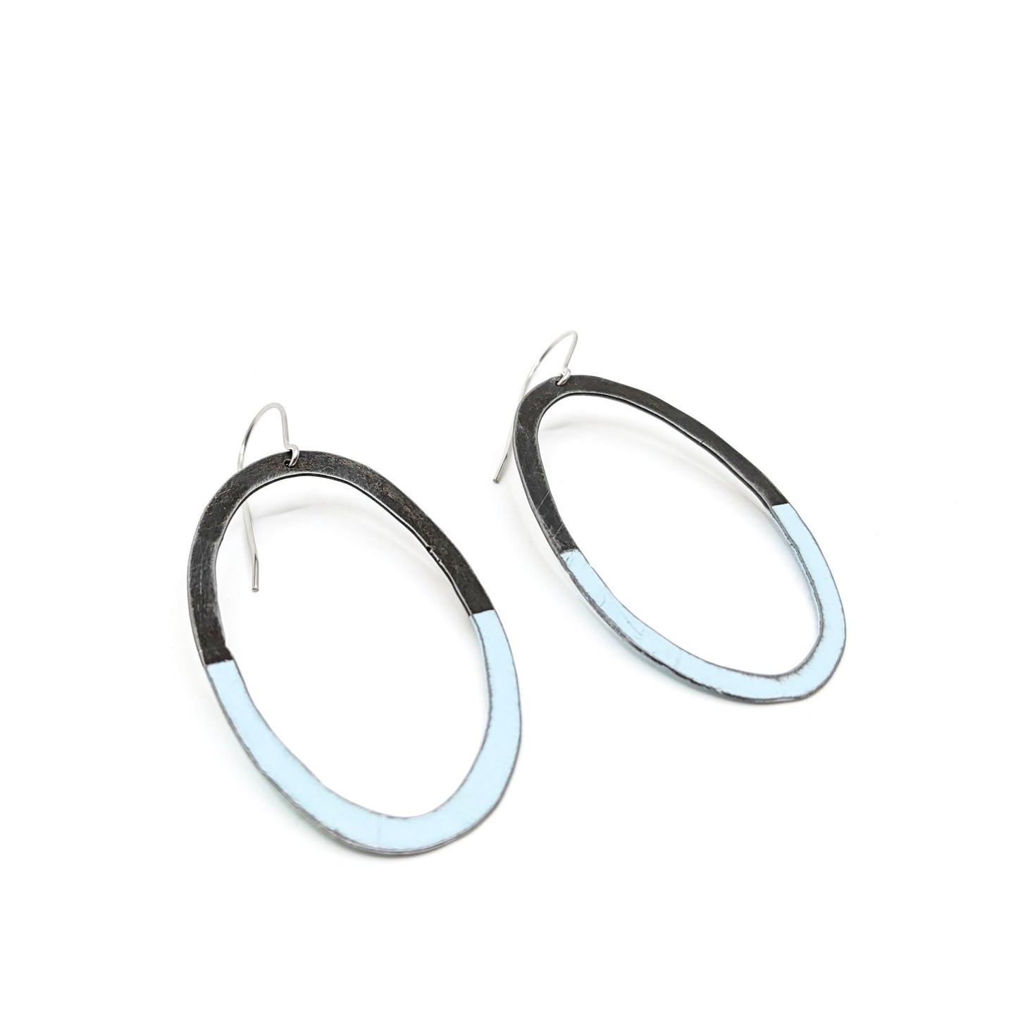Steel and Light Blue Diamond Oval Earrings