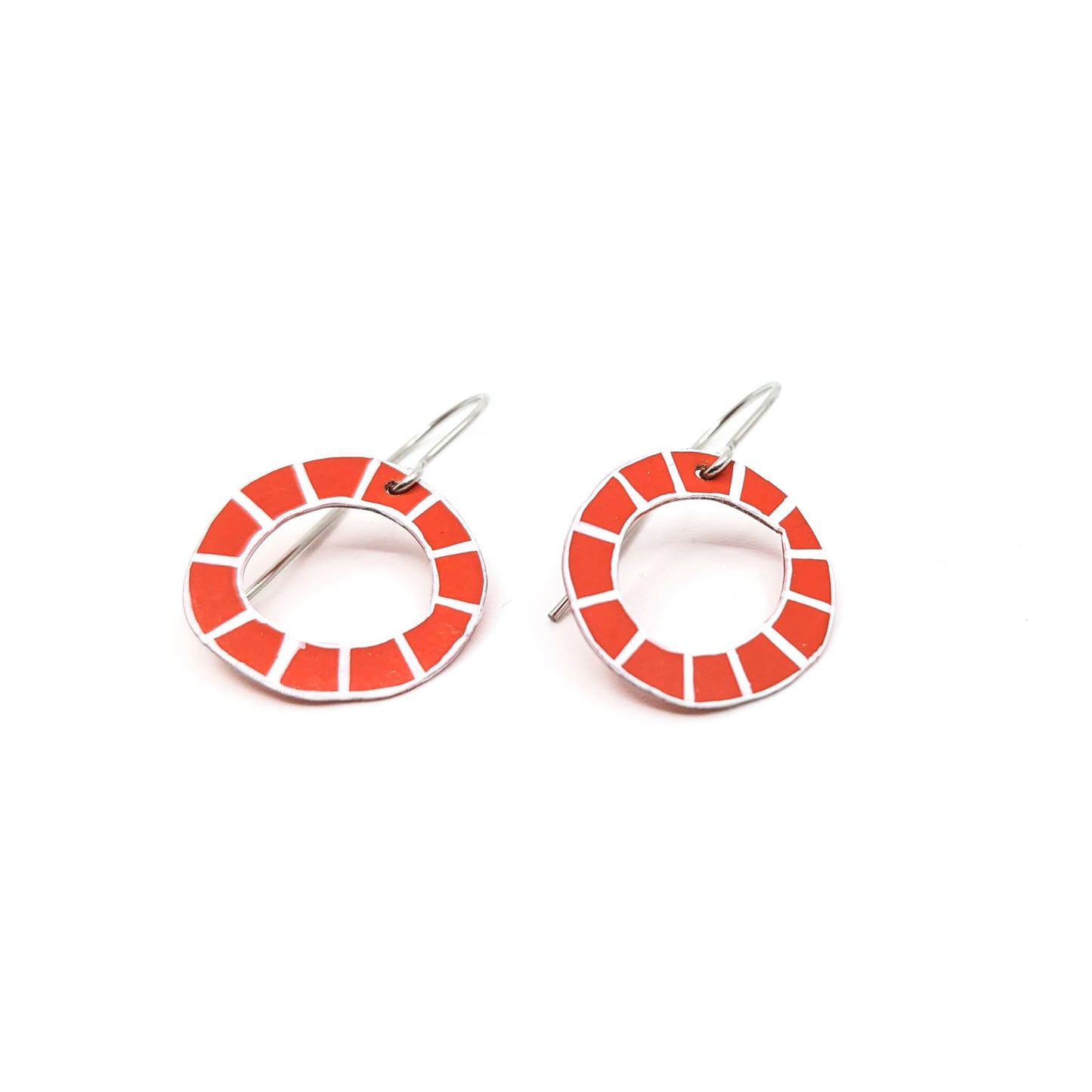 Small Red Circle with White Lines Earrings