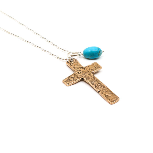 Ancient Bronze Cross with Turquoise Drop Necklace- RKN-92