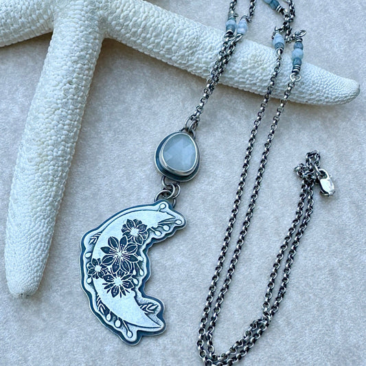 Etched Moon Pendant with Moonstone by Leslie Scholz of Green Bird Studios.
