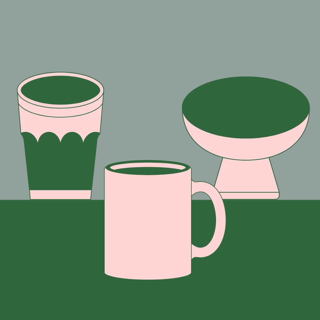 Illustration of cups, mugs and bowls in pink and green