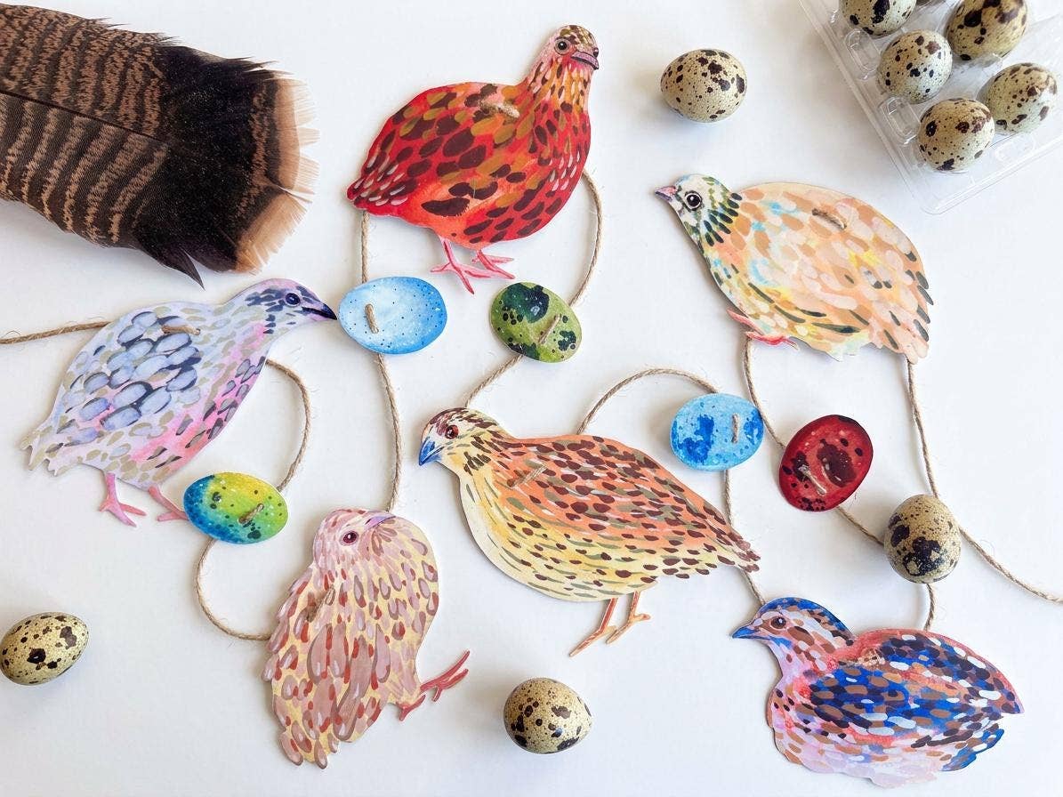 Illustrated Quail Garland, Paper Coturnix Quail Bunting, Cottagecore Wall Decor, Homesteader Gift