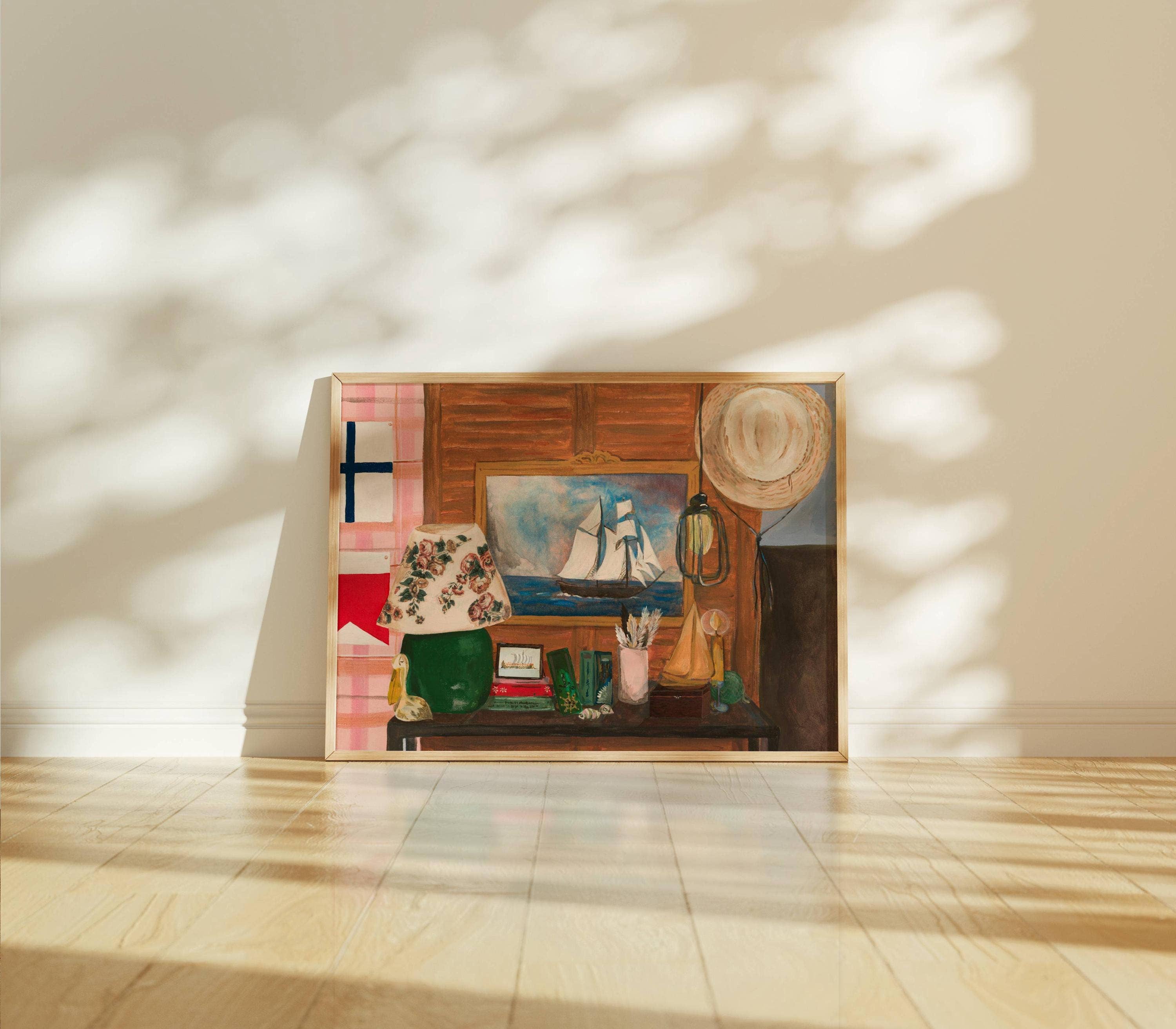 Retro Beach House art print, coastal wall art, nautical art: 8″×10″