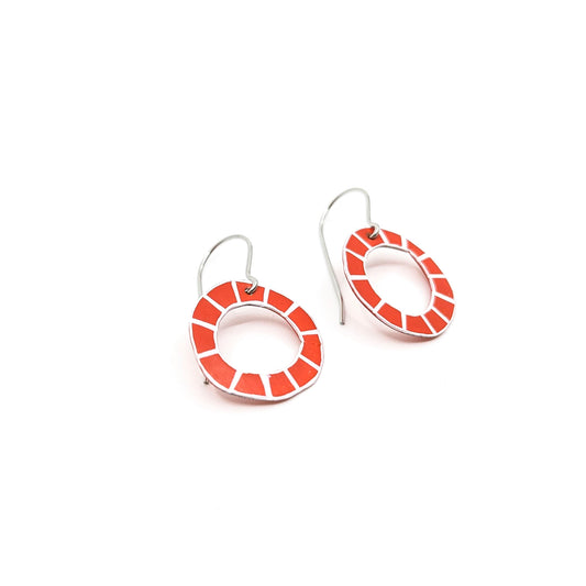 Small Red Circle with White Lines Earrings