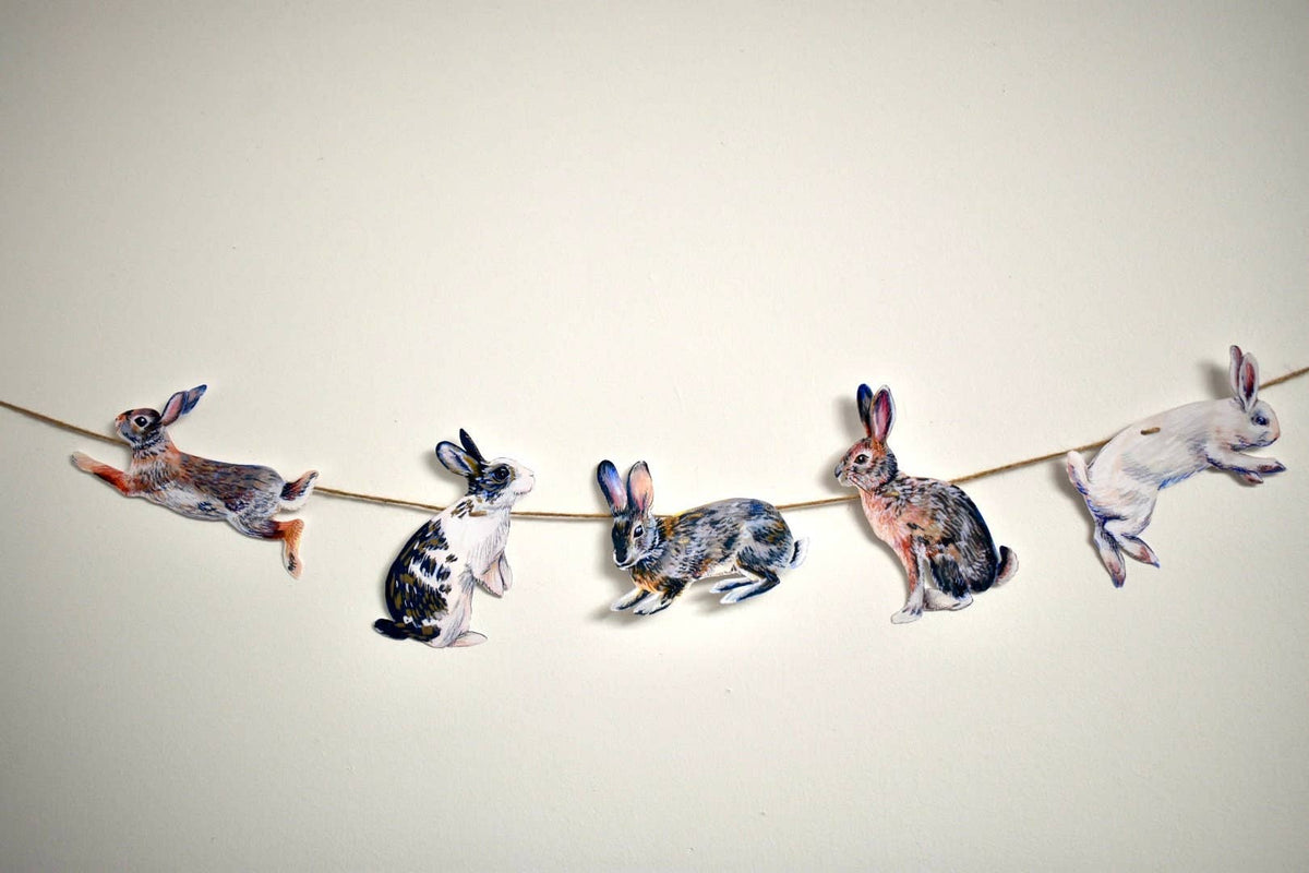 Rabbits Garland - Illustrated hares paper bunting, Nature Lover Garland
