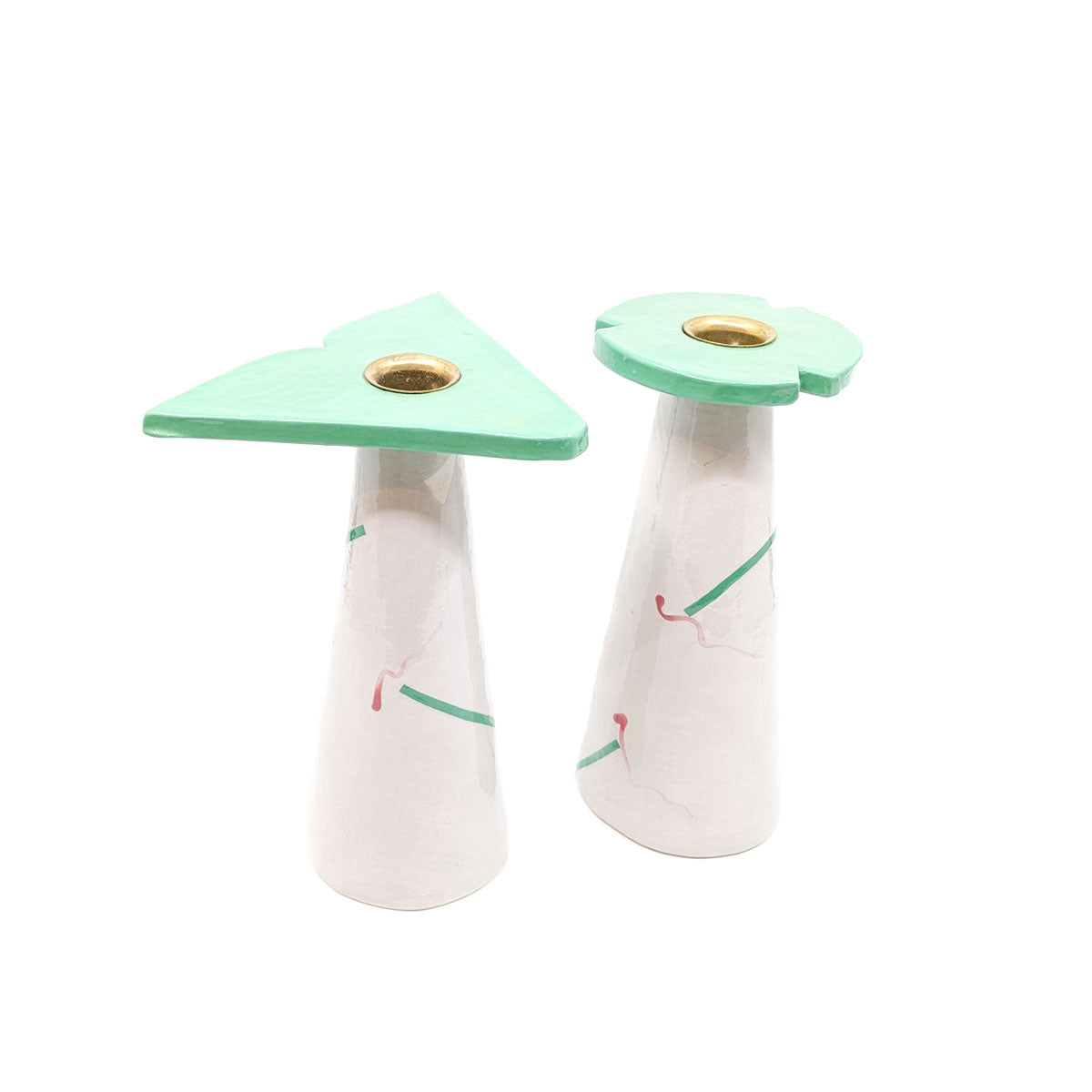 Candle Stick Holders in Light Gray with Green Top