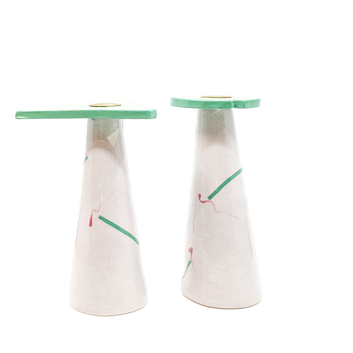 Candle Stick Holders in Light Gray with Green Top