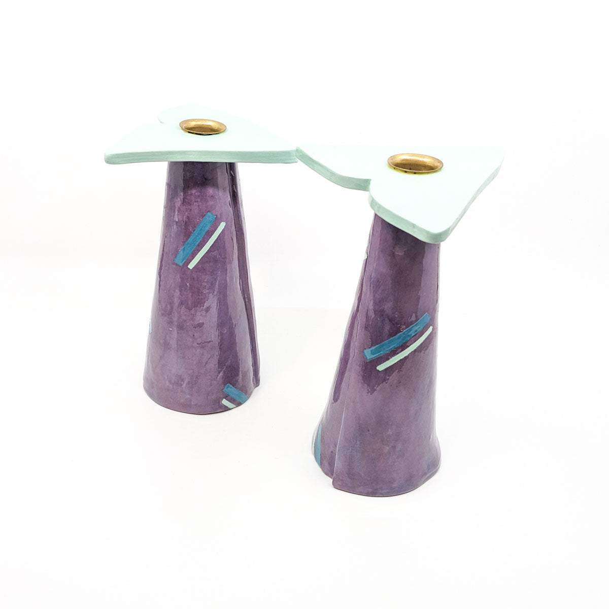 Candle Stick Holders in Purple with Green Top