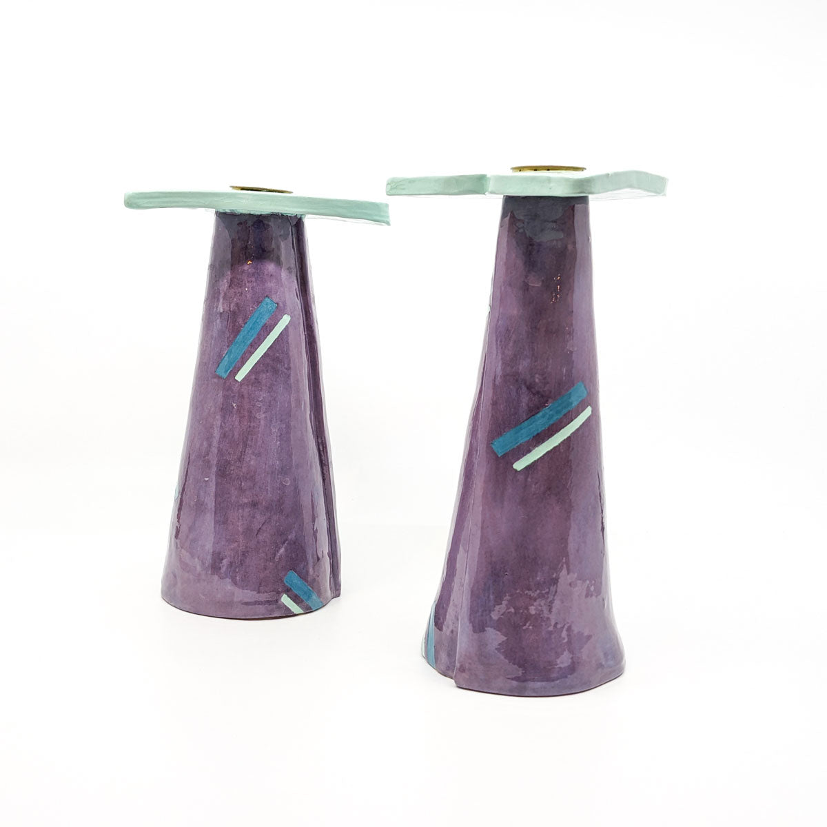 Candle Stick Holders in Purple with Green Top