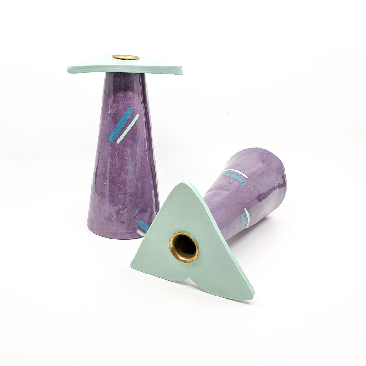 Candle Stick Holders in Purple with Green Top