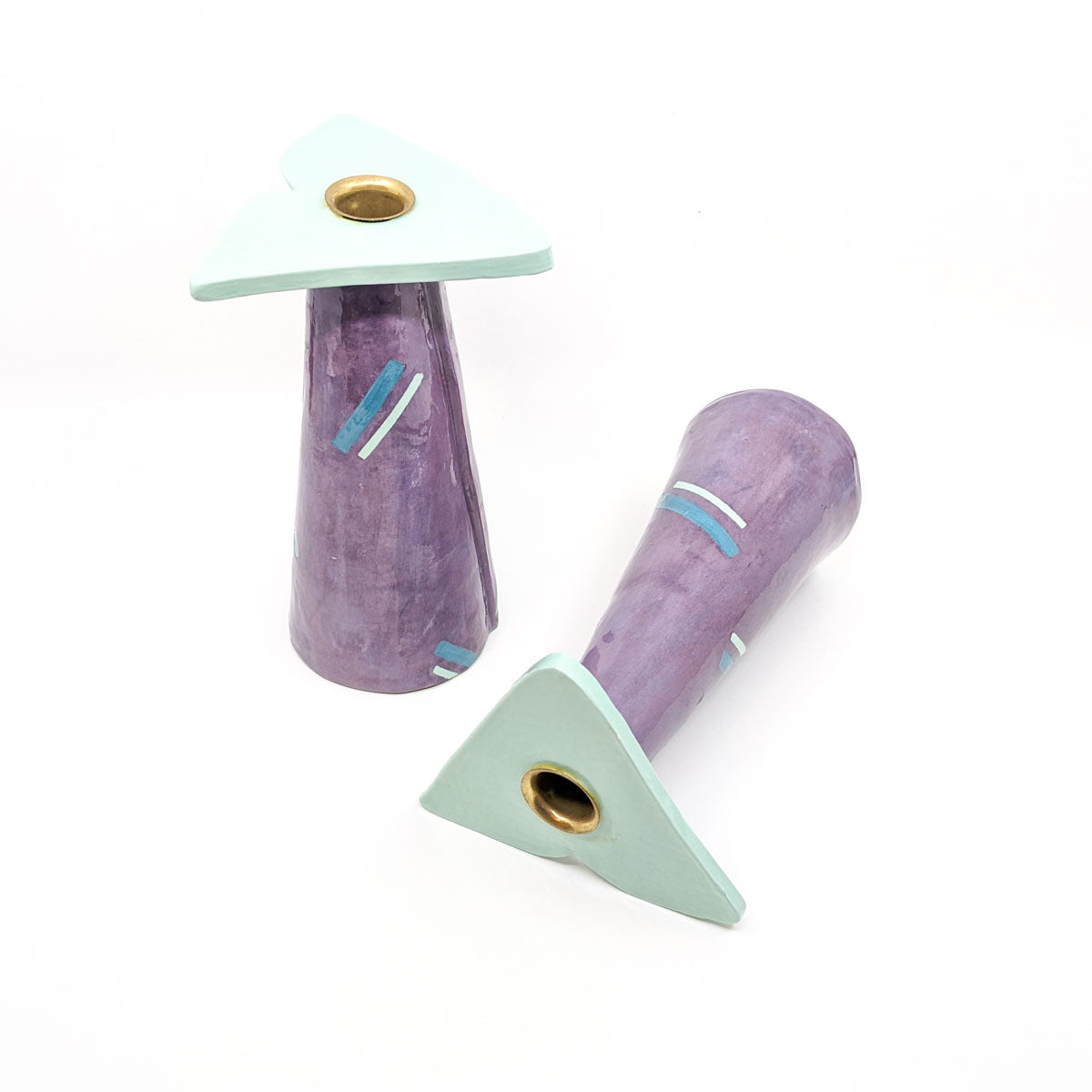 Candle Stick Holders in Purple with Green Top