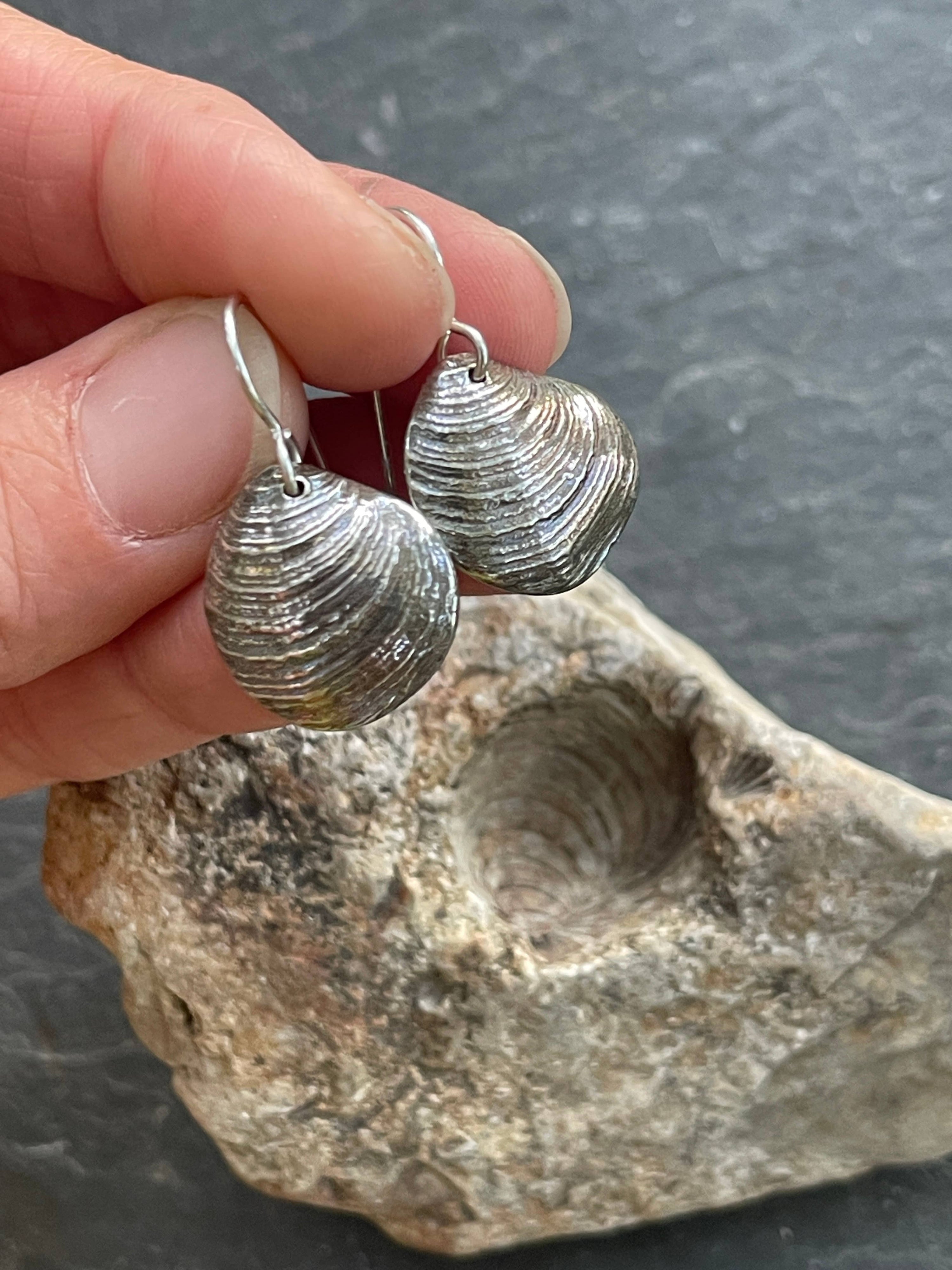 Cockle Fossil Dangly Earrings- Sterling Silver