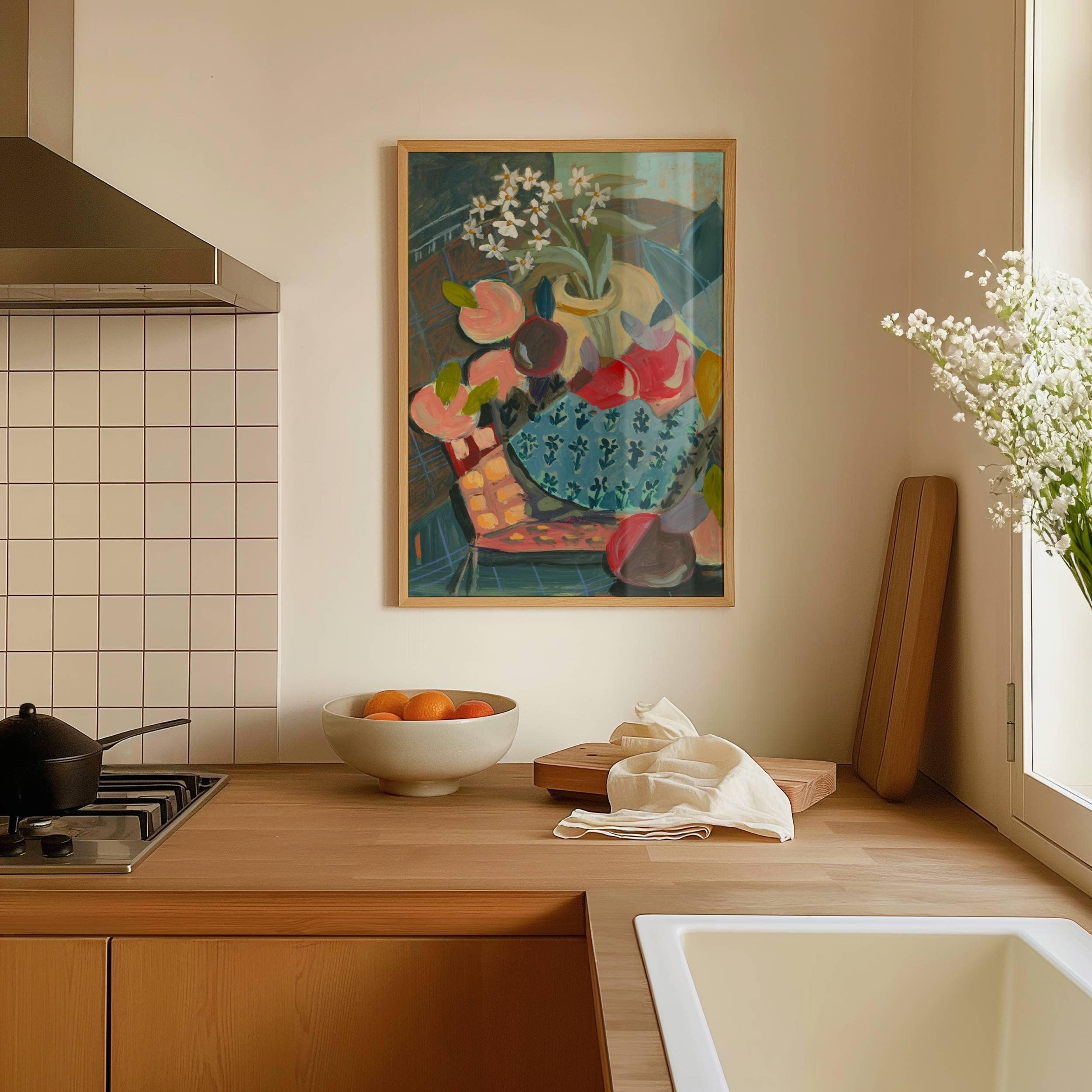 Moody Still Life print, Abstract Flowers & Fruit Art Print: 8″×10″