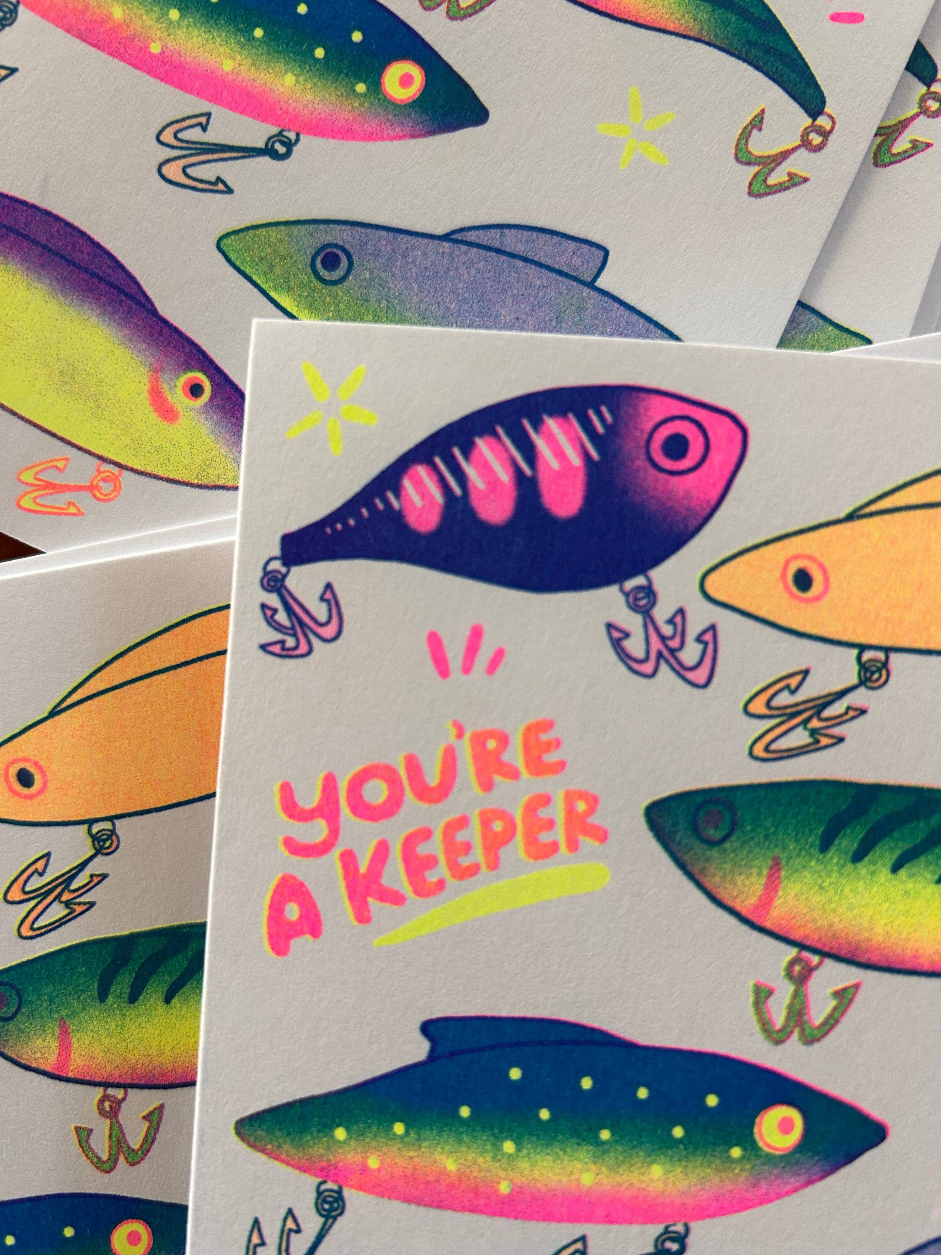 You're a Keeper (Fishing Lures) - Risograph Greeting Card 