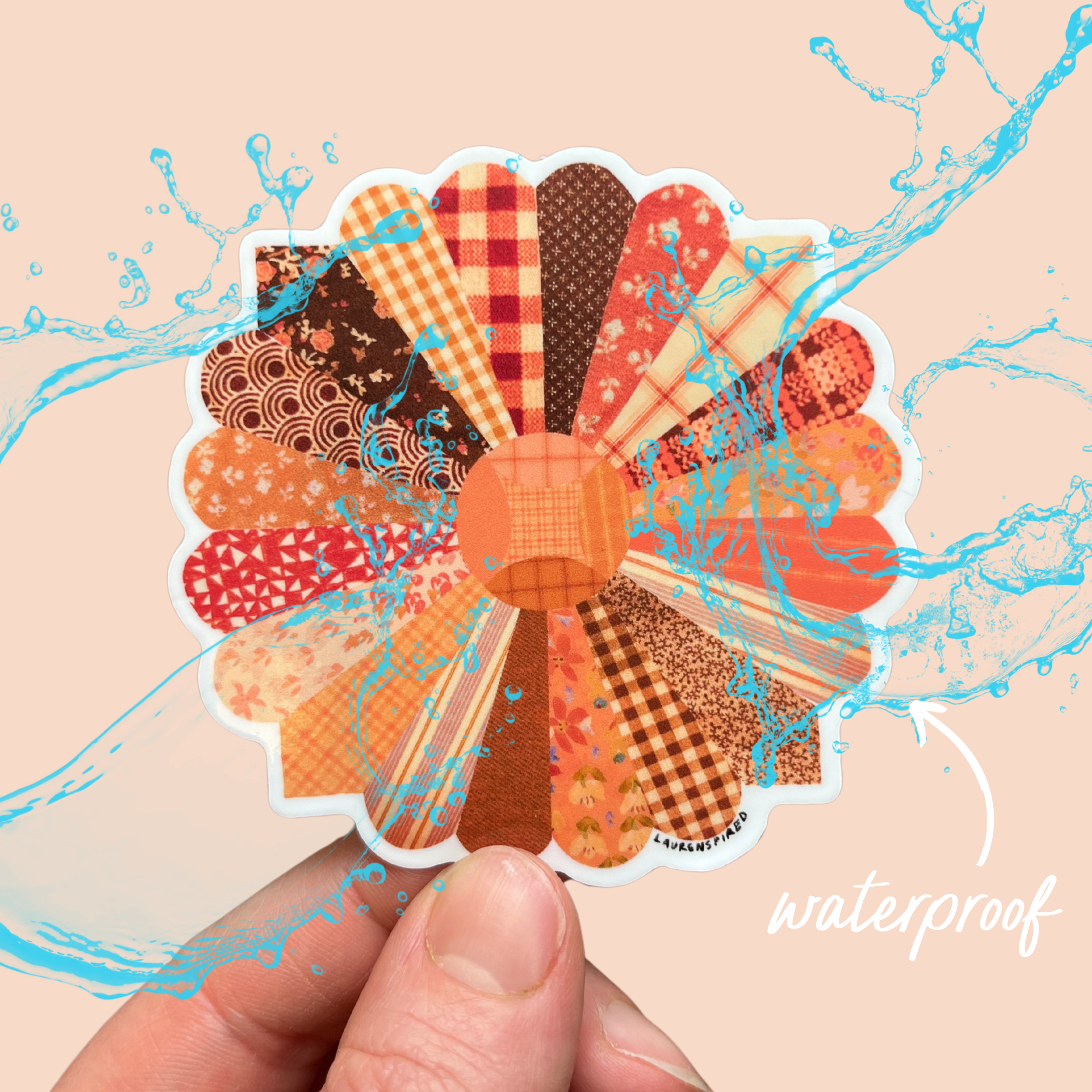 Orange Quilt Flower Vinyl Stickers, Sewing Sticker