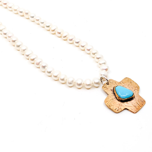 Cross and Turquoise Pearl Necklace- RKN-96