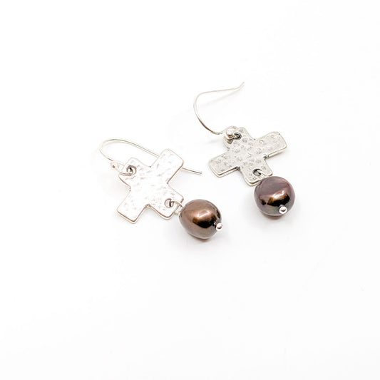 Sm. Cross and Chocolate Pearl Earrings-RKE-11