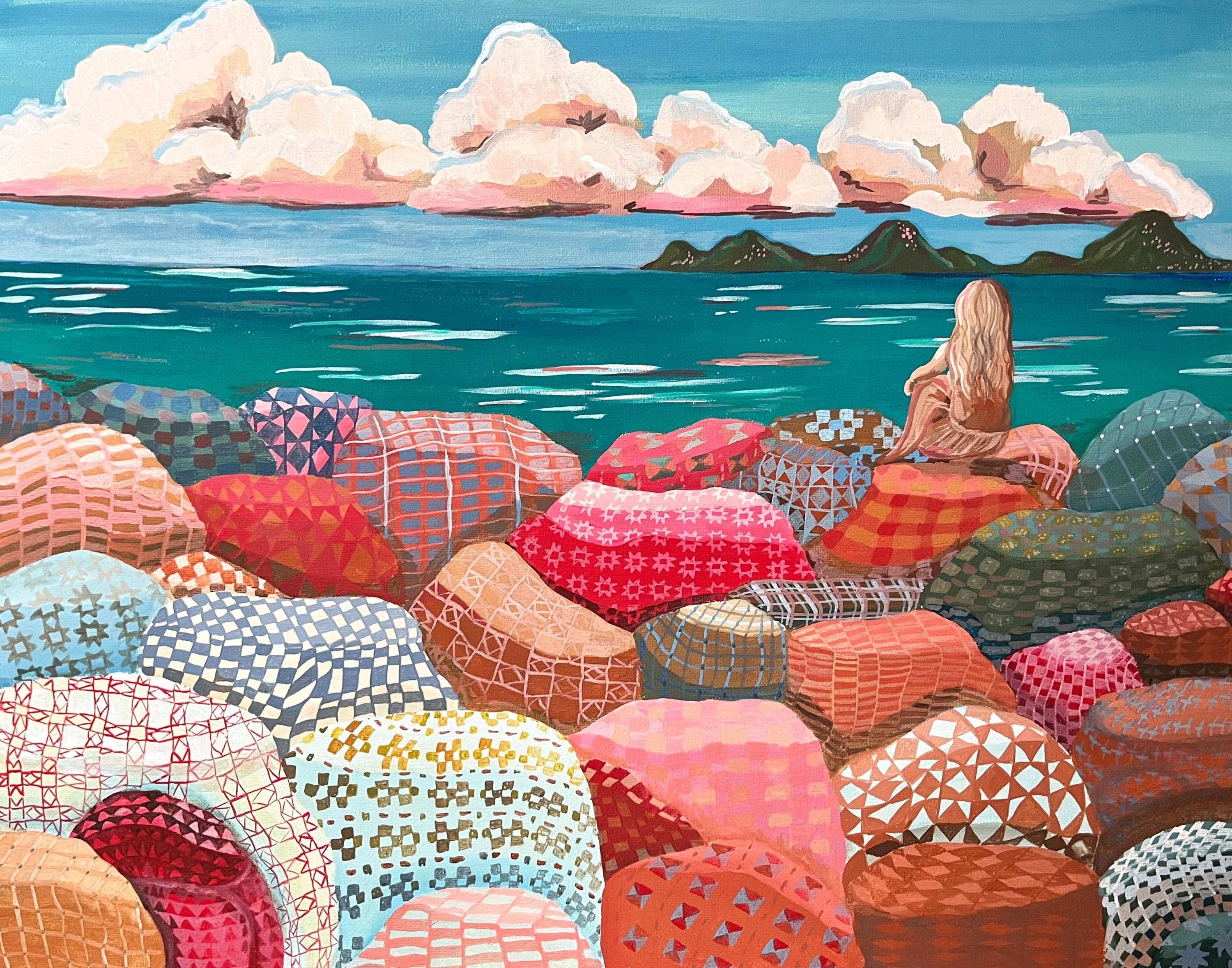 Coastal Ocean art print, pink and blue girl art print, quilt: 8″×10″