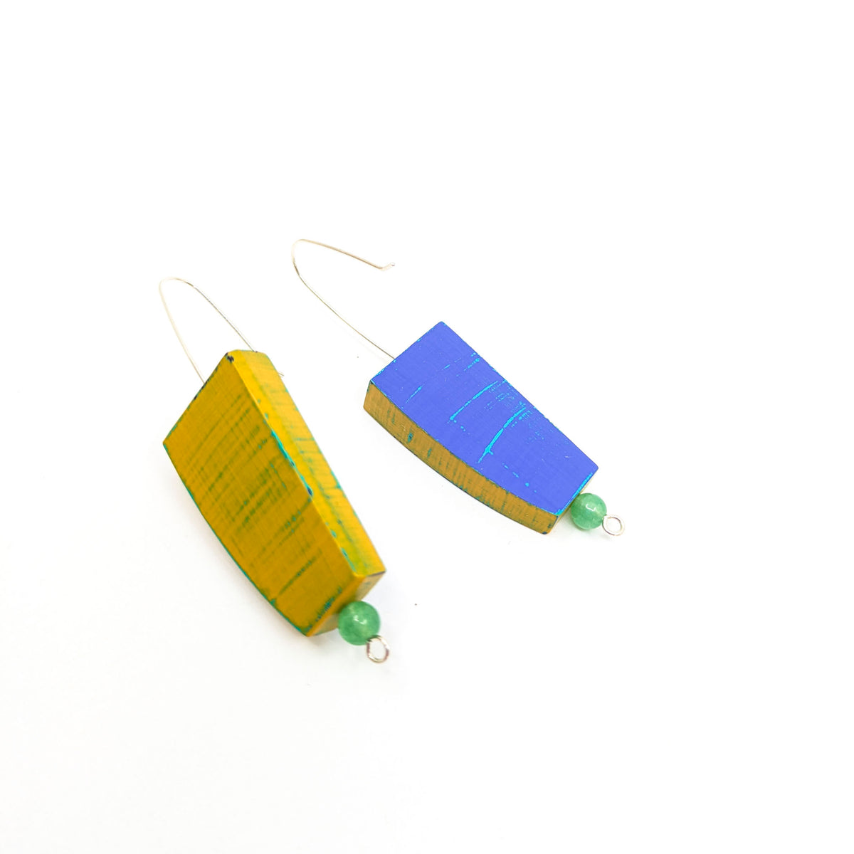 Lauraine Lillie Studios - Wooden Earrings, Painted with Beads - Mustard/Purple with Green Beads - VISUAL INDEX