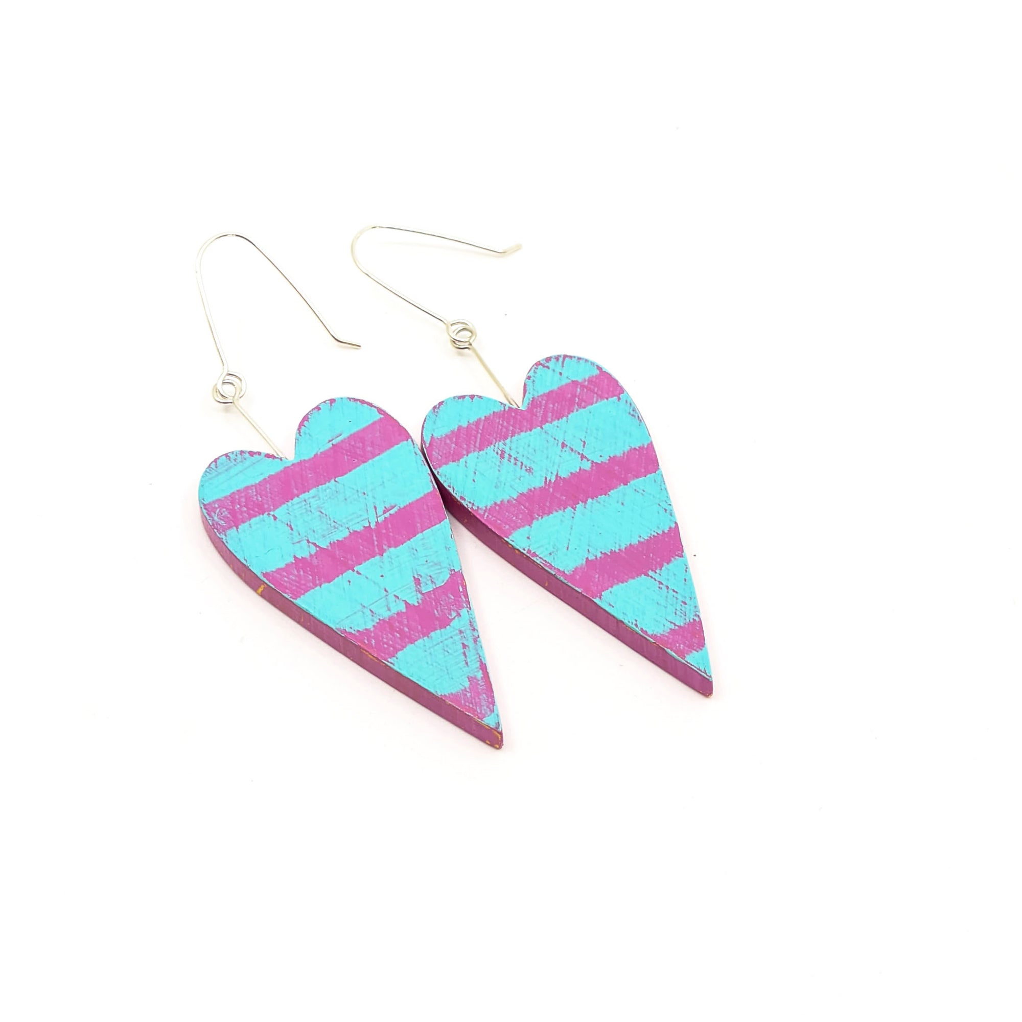 Wooden Earrings, Painted Hearts