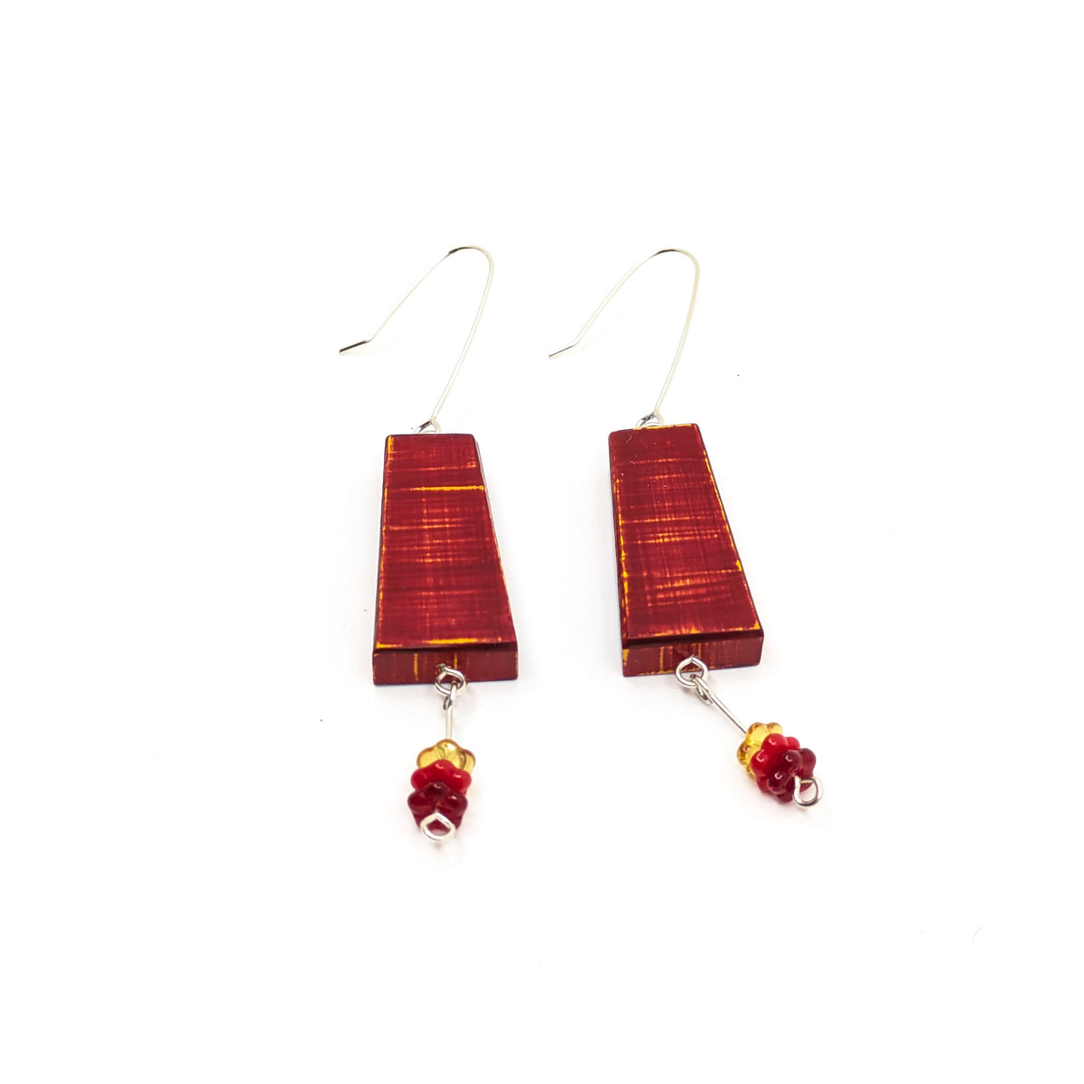 Lauraine Lillie Studios - Wooden Earrings, Painted with Beads - Red/Teal with Flower Beads - VISUAL INDEX