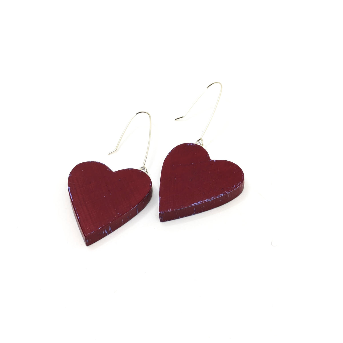 Lauraine Lillie Studios - Wooden Earrings, Painted Hearts - Red & Purple Hearts - VISUAL INDEX
