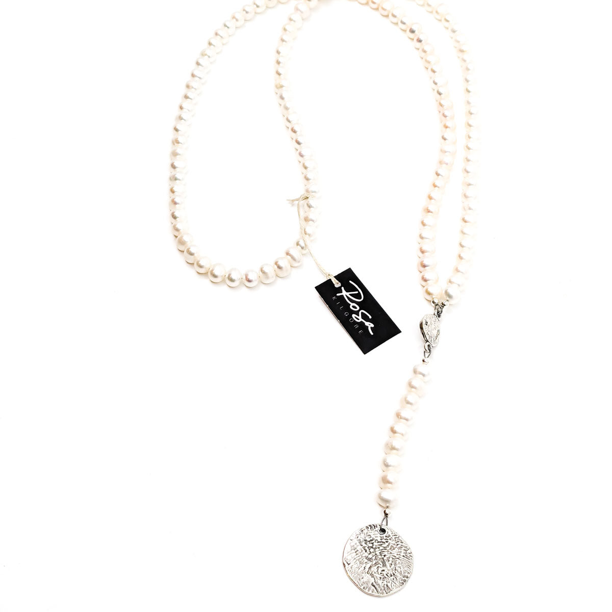 Pearl Necklace with Hammered silver Medallion- RKN-96