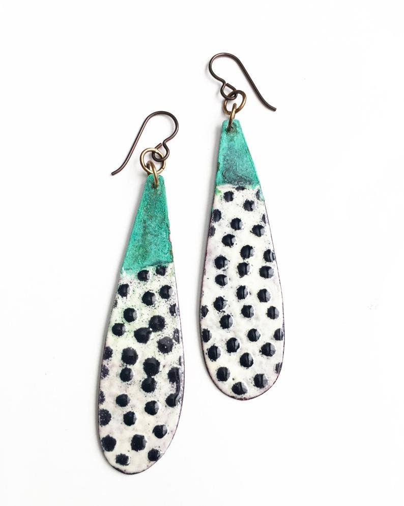 Black White and Patina Teardrop Earrings