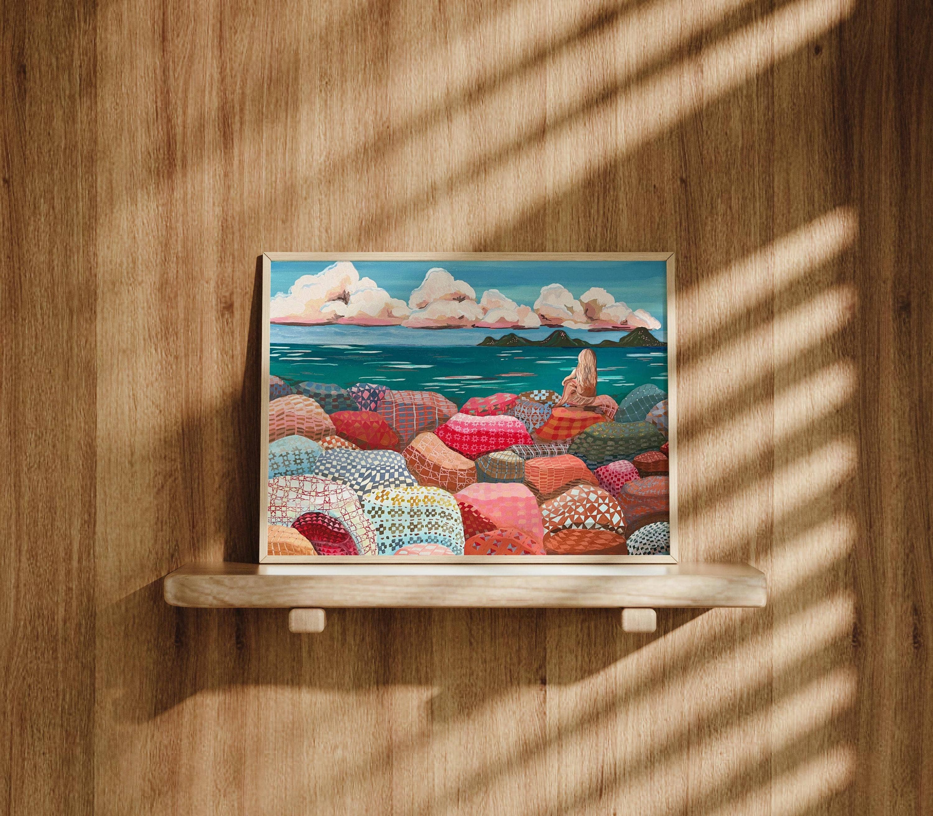 Coastal Ocean art print, pink and blue girl art print, quilt: 8″×10″