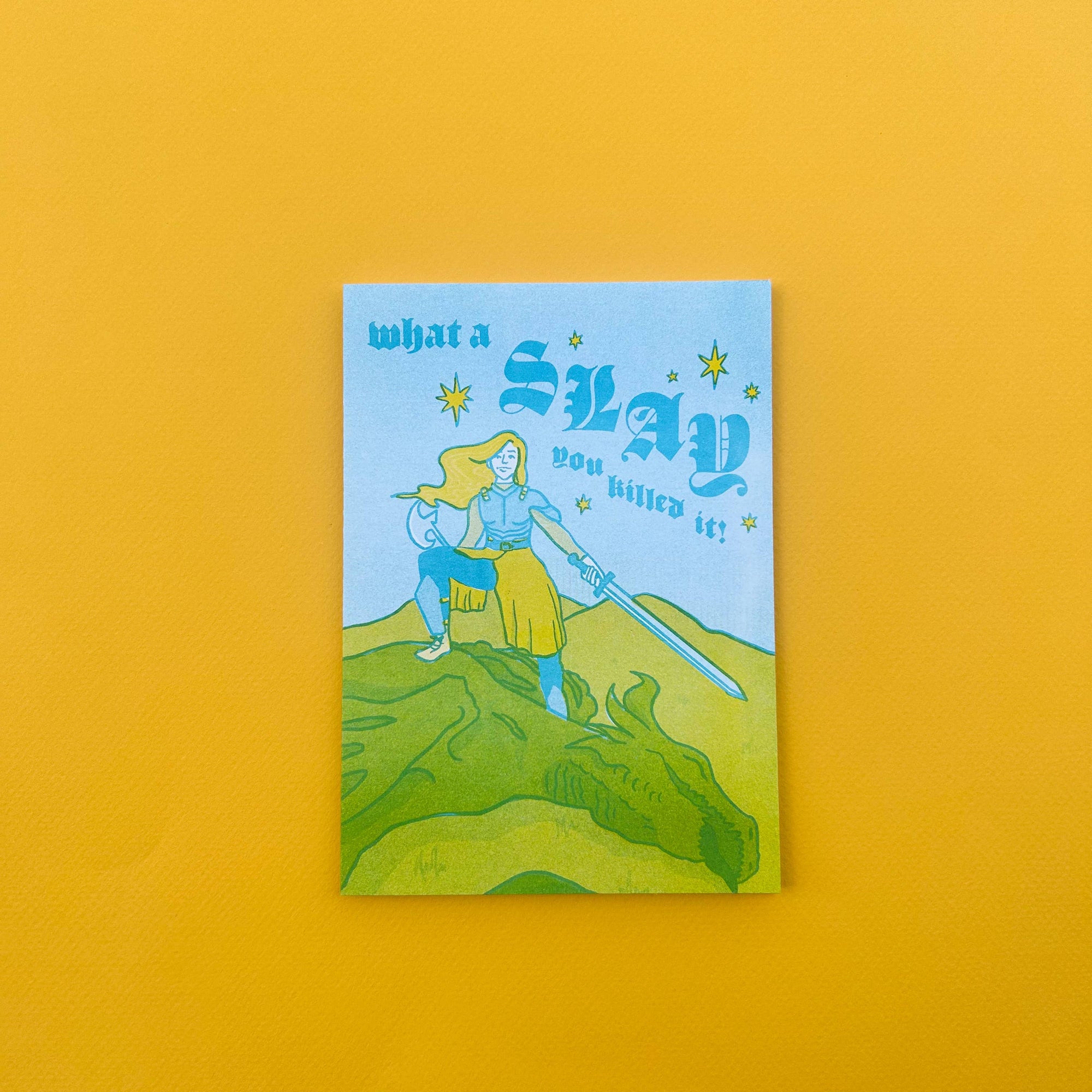 Knight Dragon Slay Risograph Greeting Card