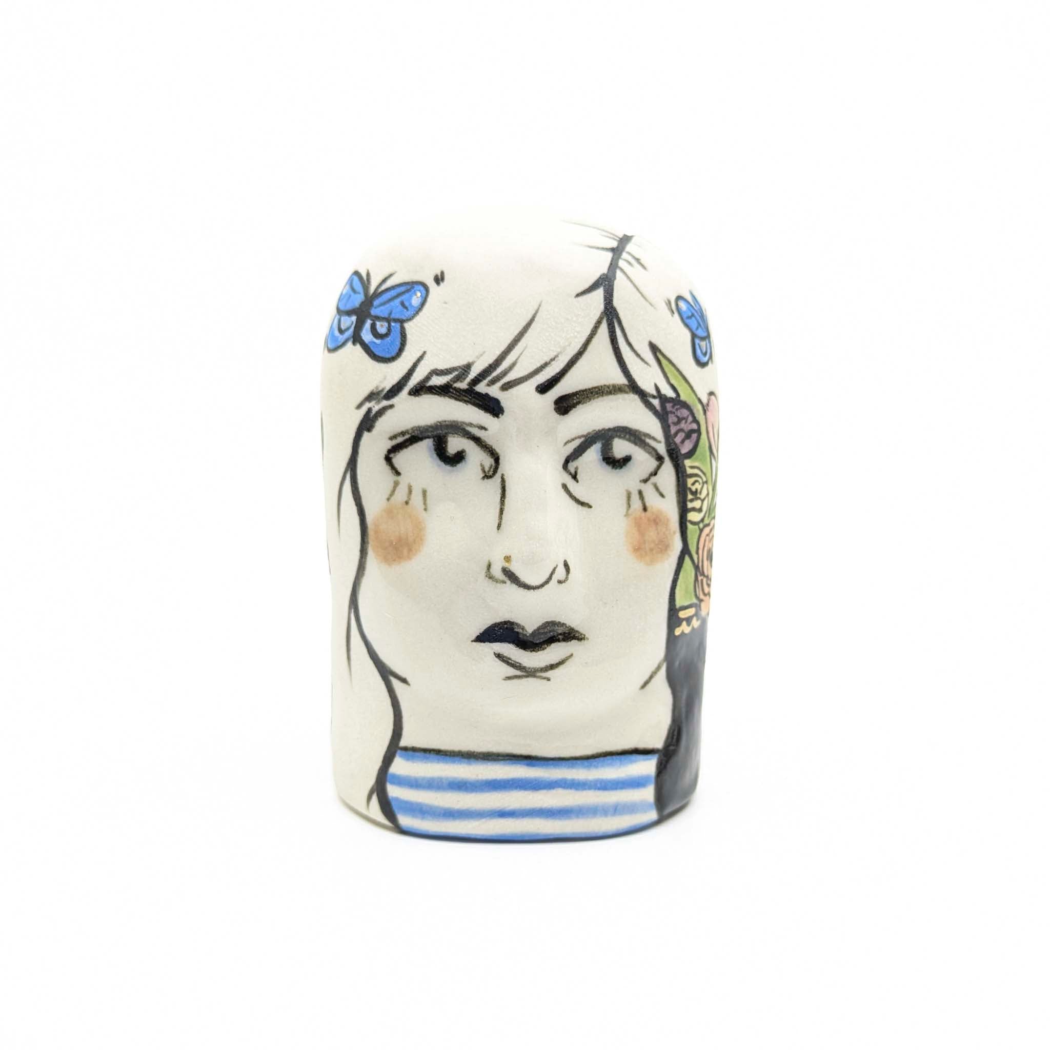 Lady Head with Flower Vases and Blue Butterflies