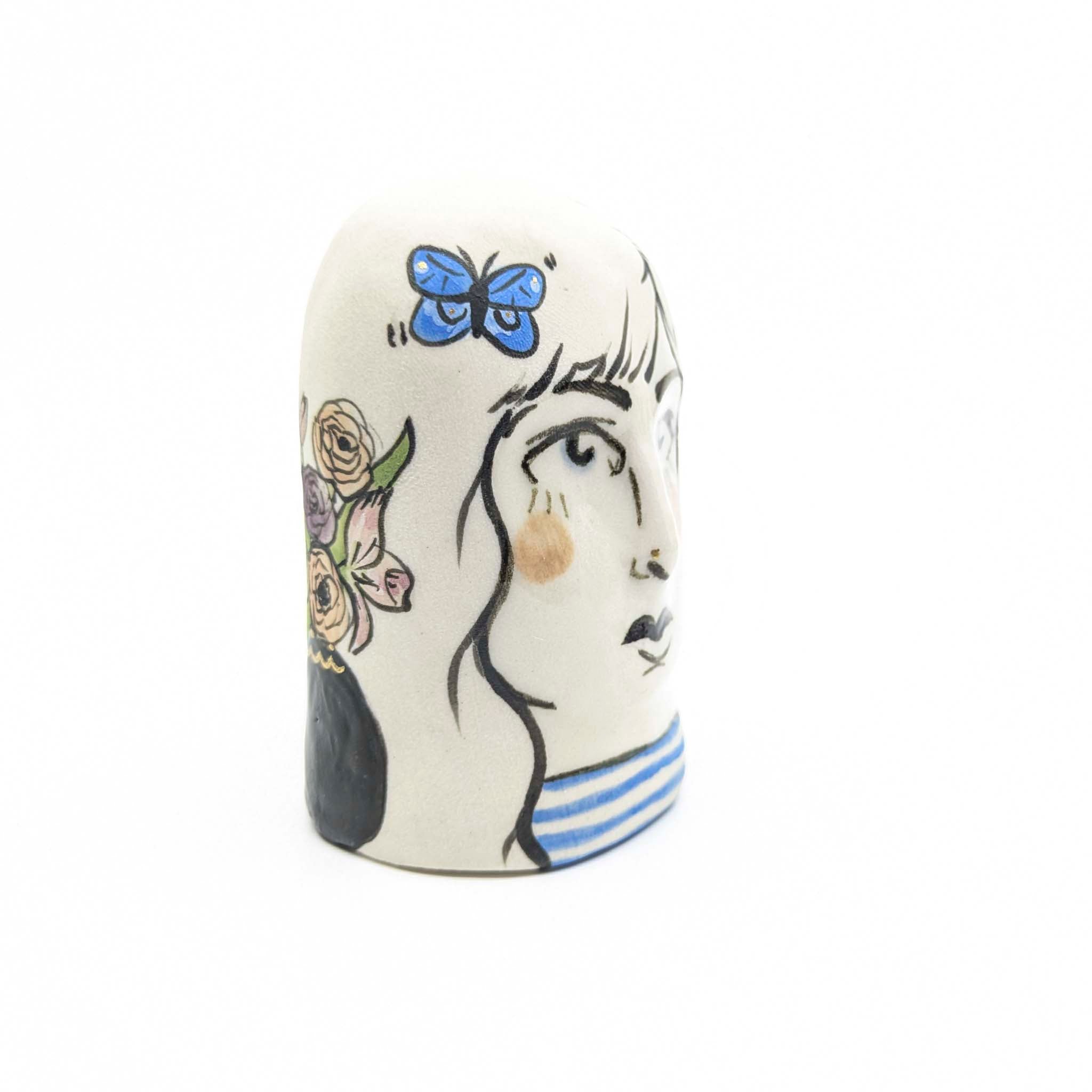 Lady Head with Flower Vases and Blue Butterflies