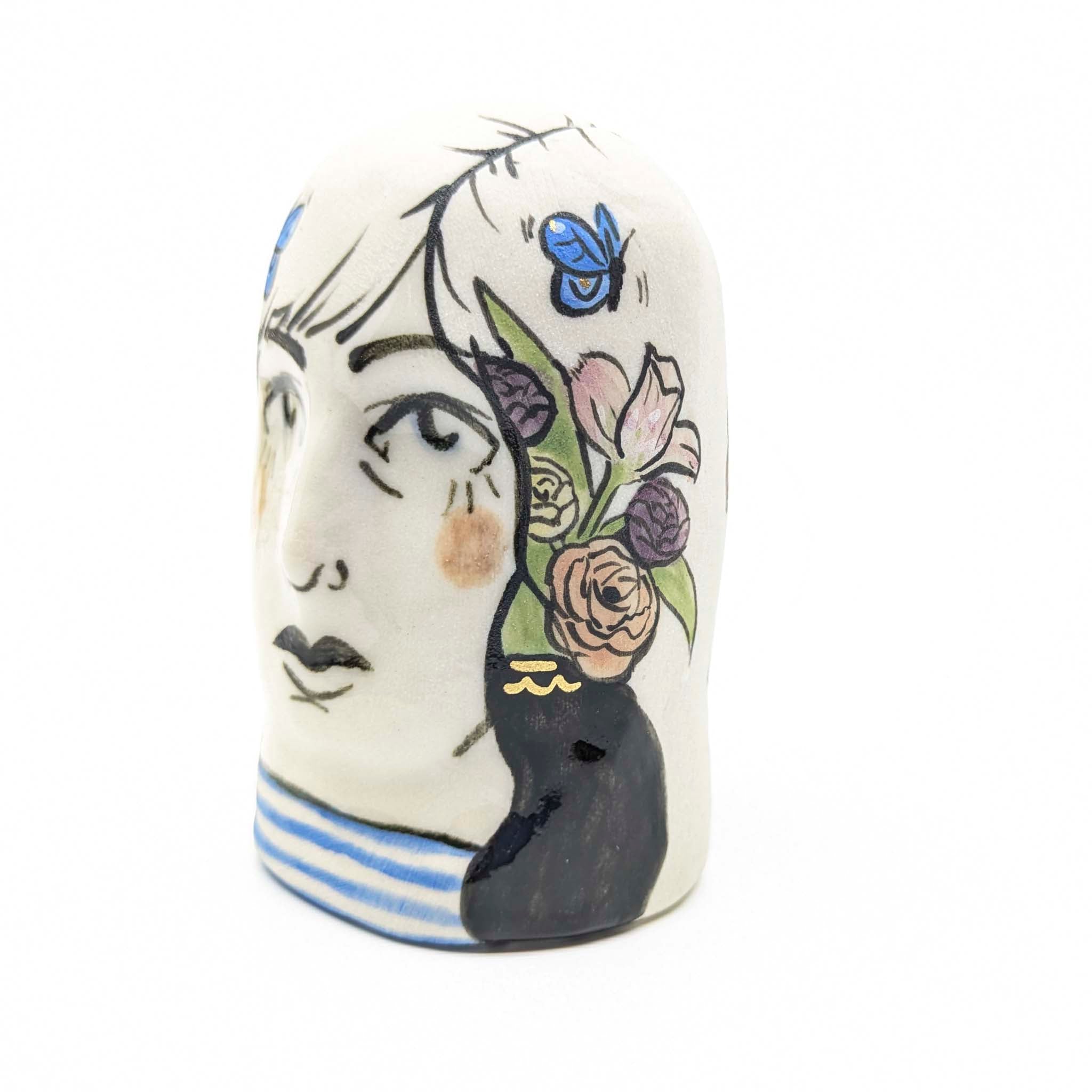 Lady Head with Flower Vases and Blue Butterflies