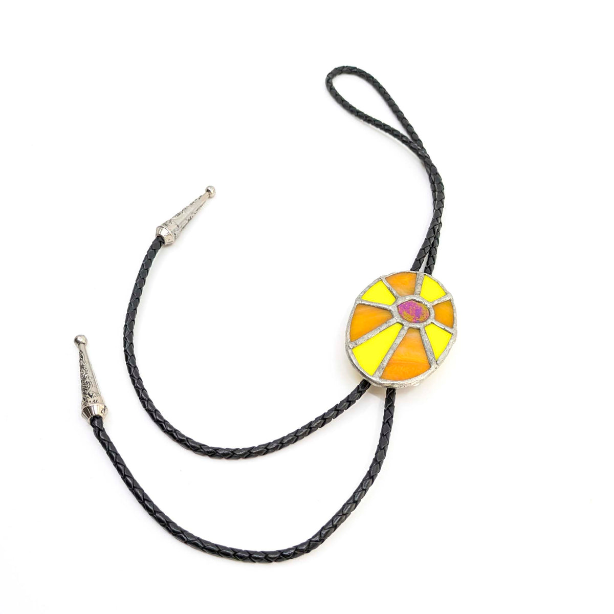 Glass Moxie - Sunburst Bolo Tie - Yellow Sunburst with Red Center - VISUAL INDEX