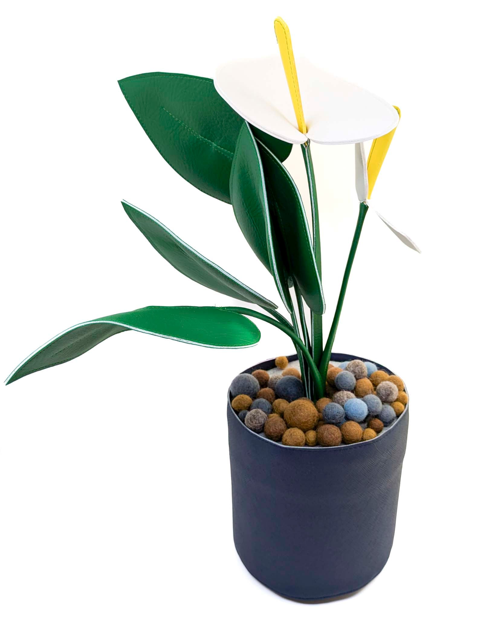 Large Fake Plant- White Anthurium (Slate Blue Pot)