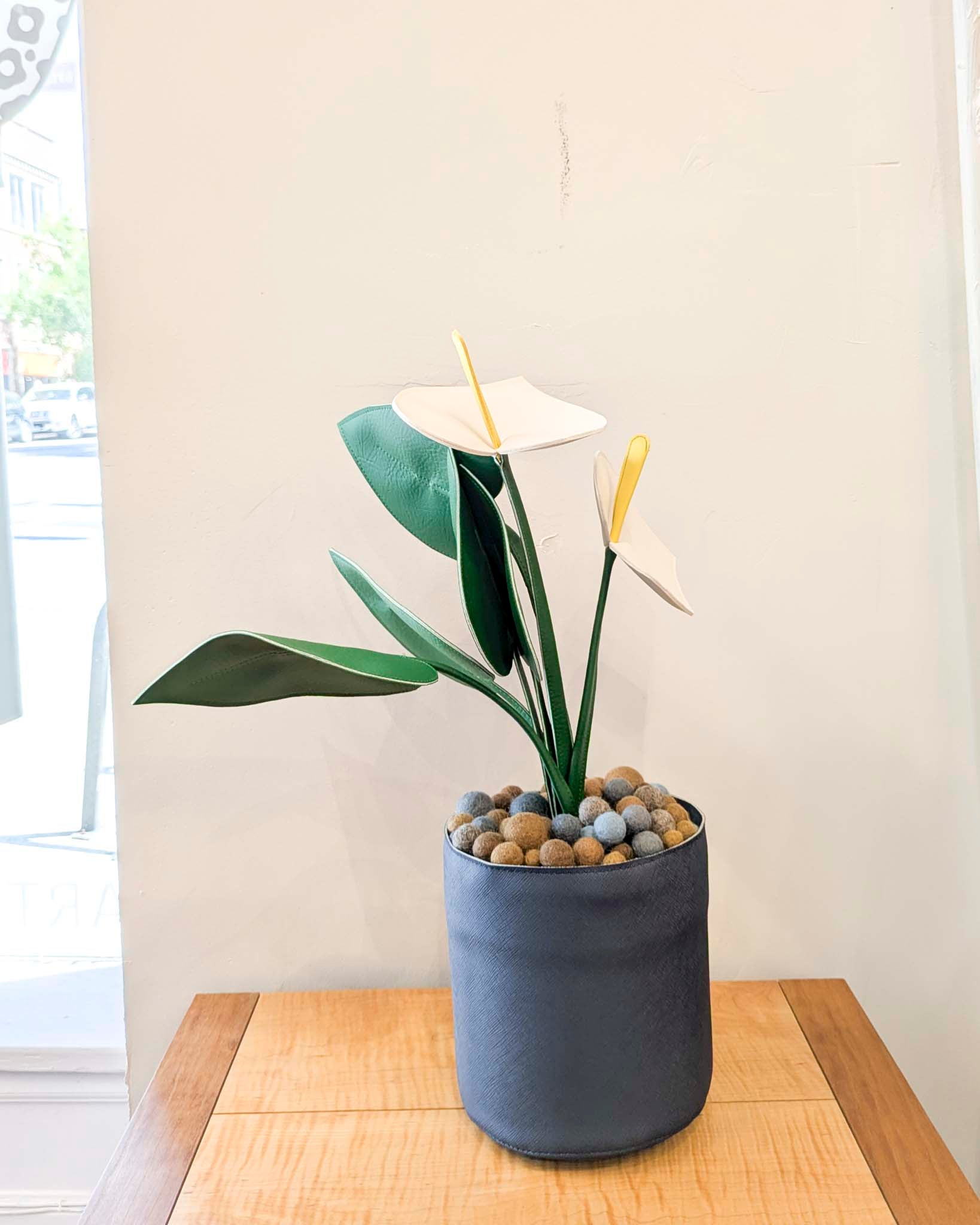 Large Fake Plant- White Anthurium (Slate Blue Pot)