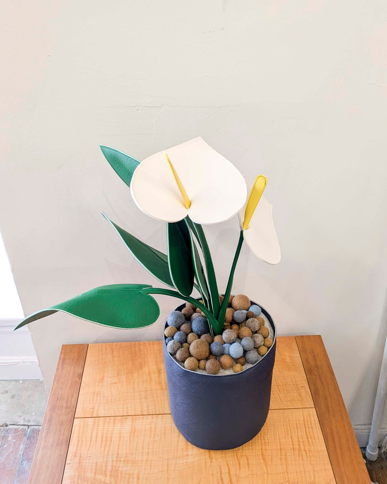 Large Fake Plant- White Anthurium (Slate Blue Pot)