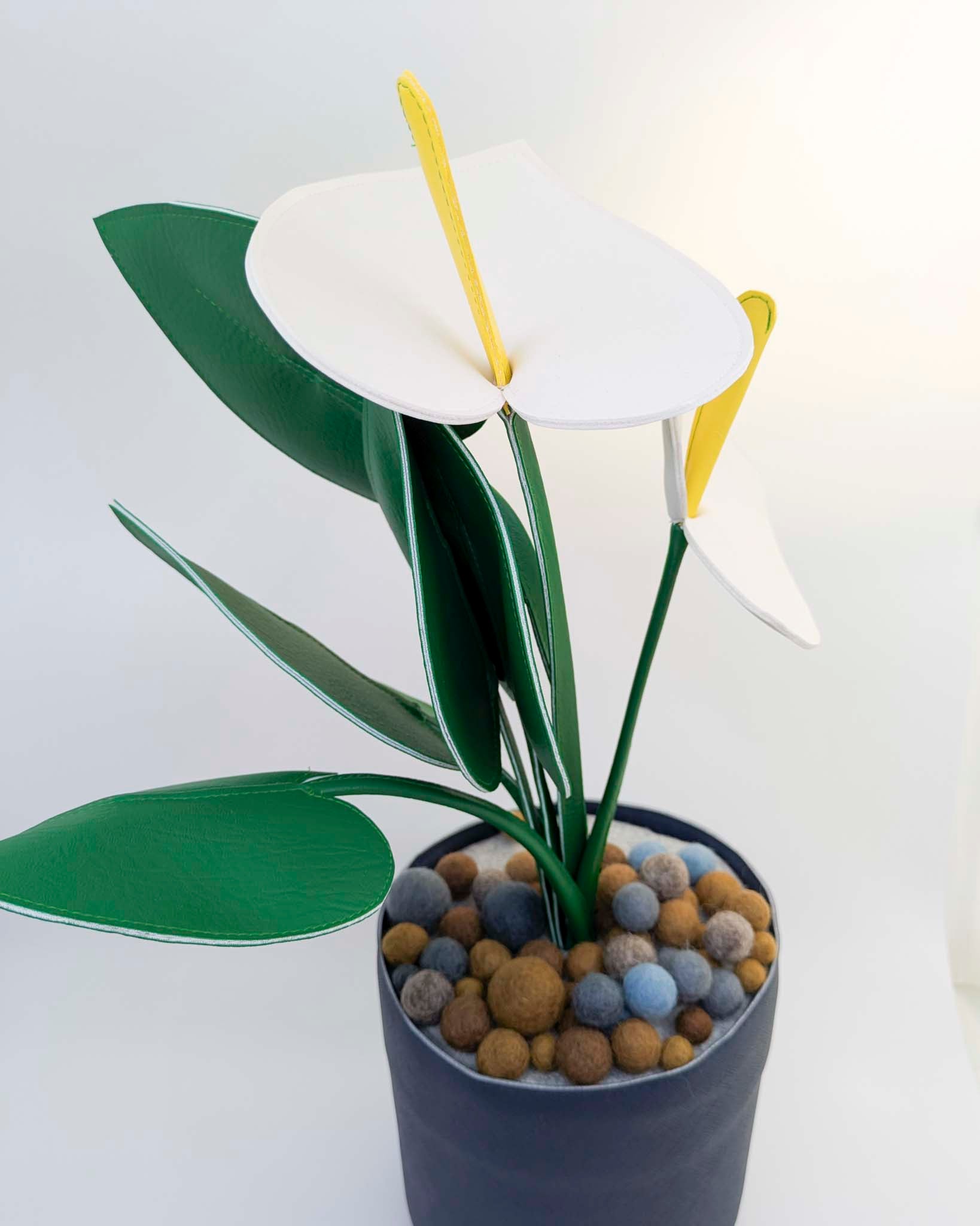 Large Fake Plant- White Anthurium (Slate Blue Pot)