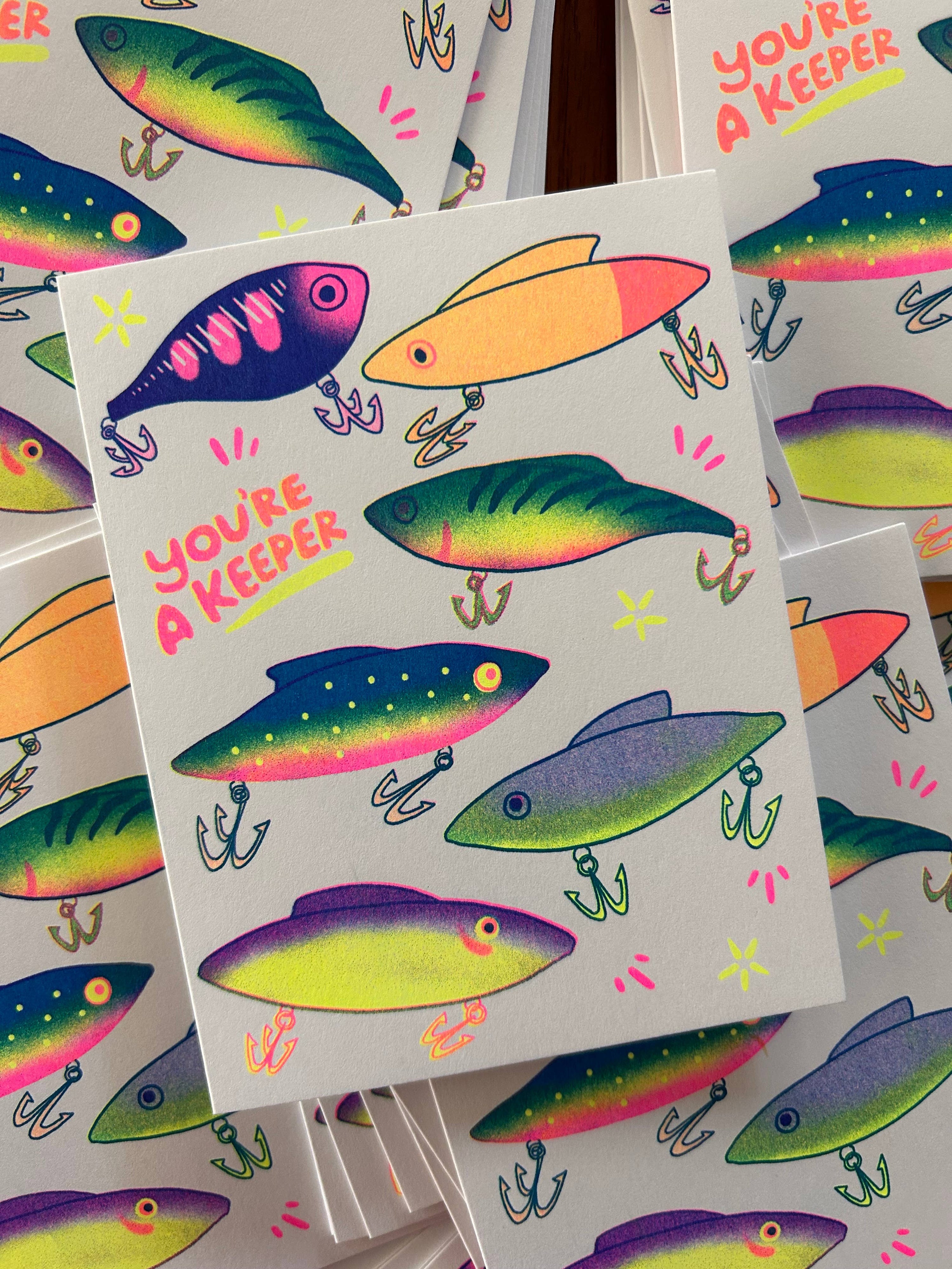 You're a Keeper (Fishing Lures) - Risograph Greeting Card 