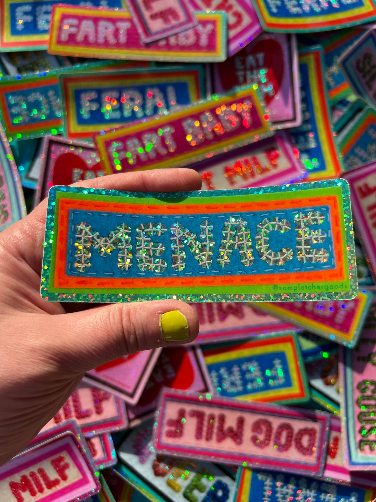 MENACE ~ Sequin Patch Inspired Waterproof Holographic Sticker