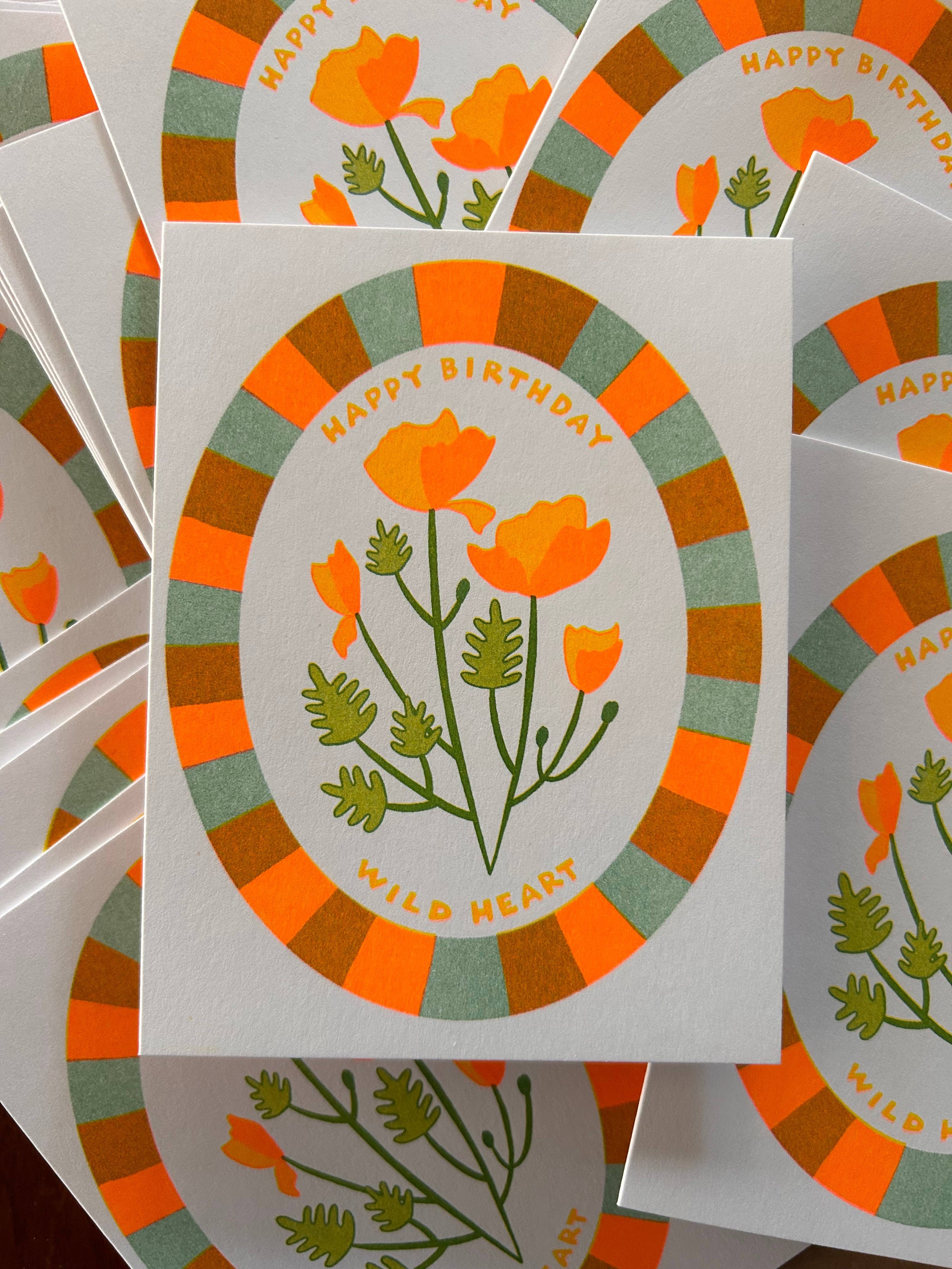 Wild Heart Poppy Birthday - Risograph Greeting Card  
