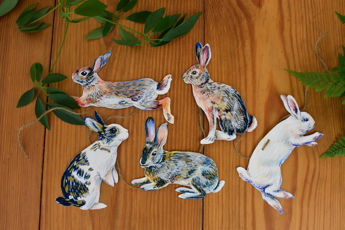 Rabbits Garland - Illustrated hares paper bunting, Nature Lover Garland