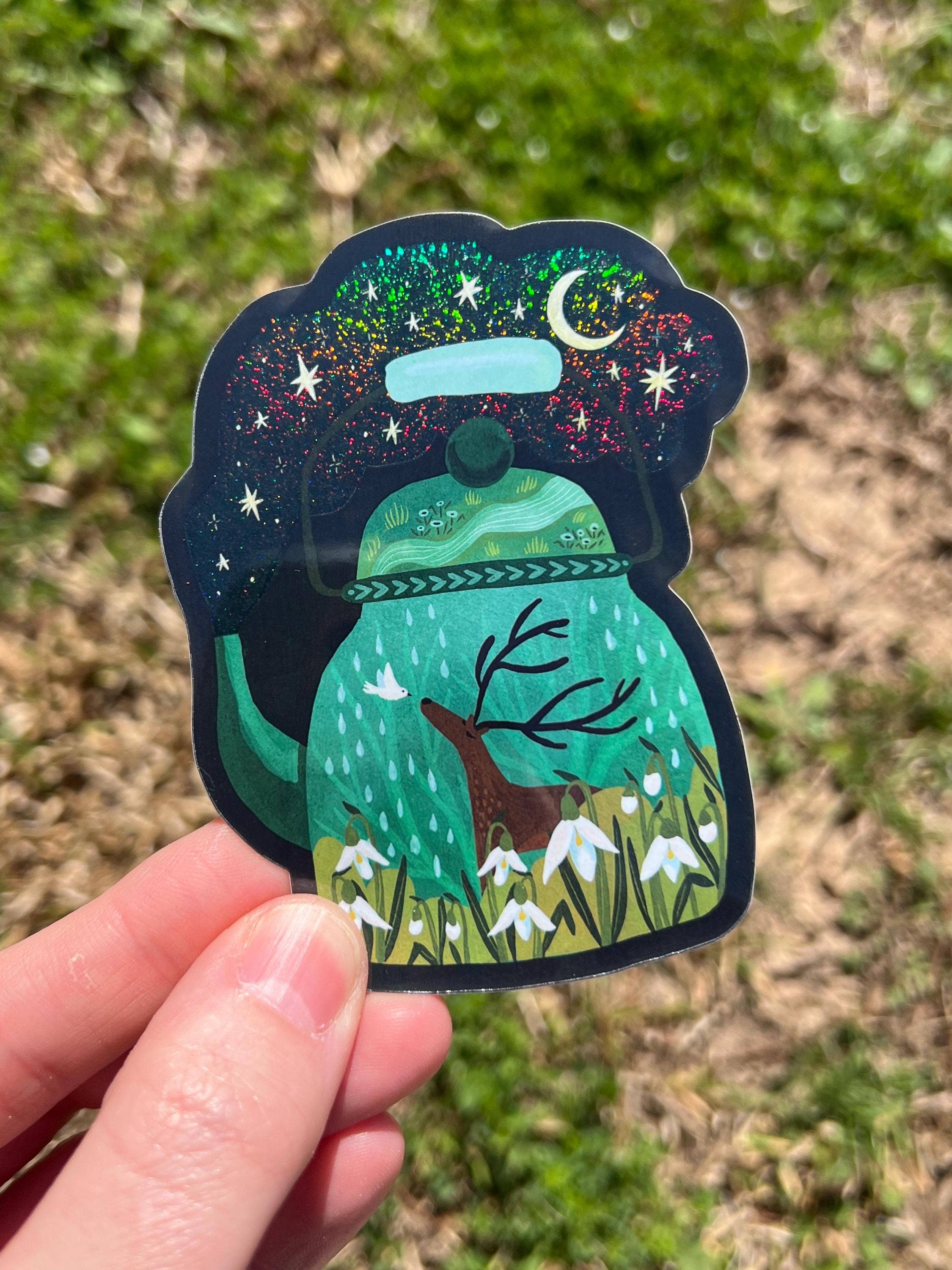 Whimsical Deer Flowers Teapot Glittery Vinyl Sticker