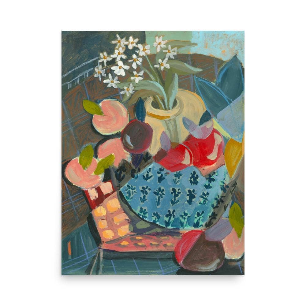 Moody Still Life print, Abstract Flowers & Fruit Art Print: 8″×10″