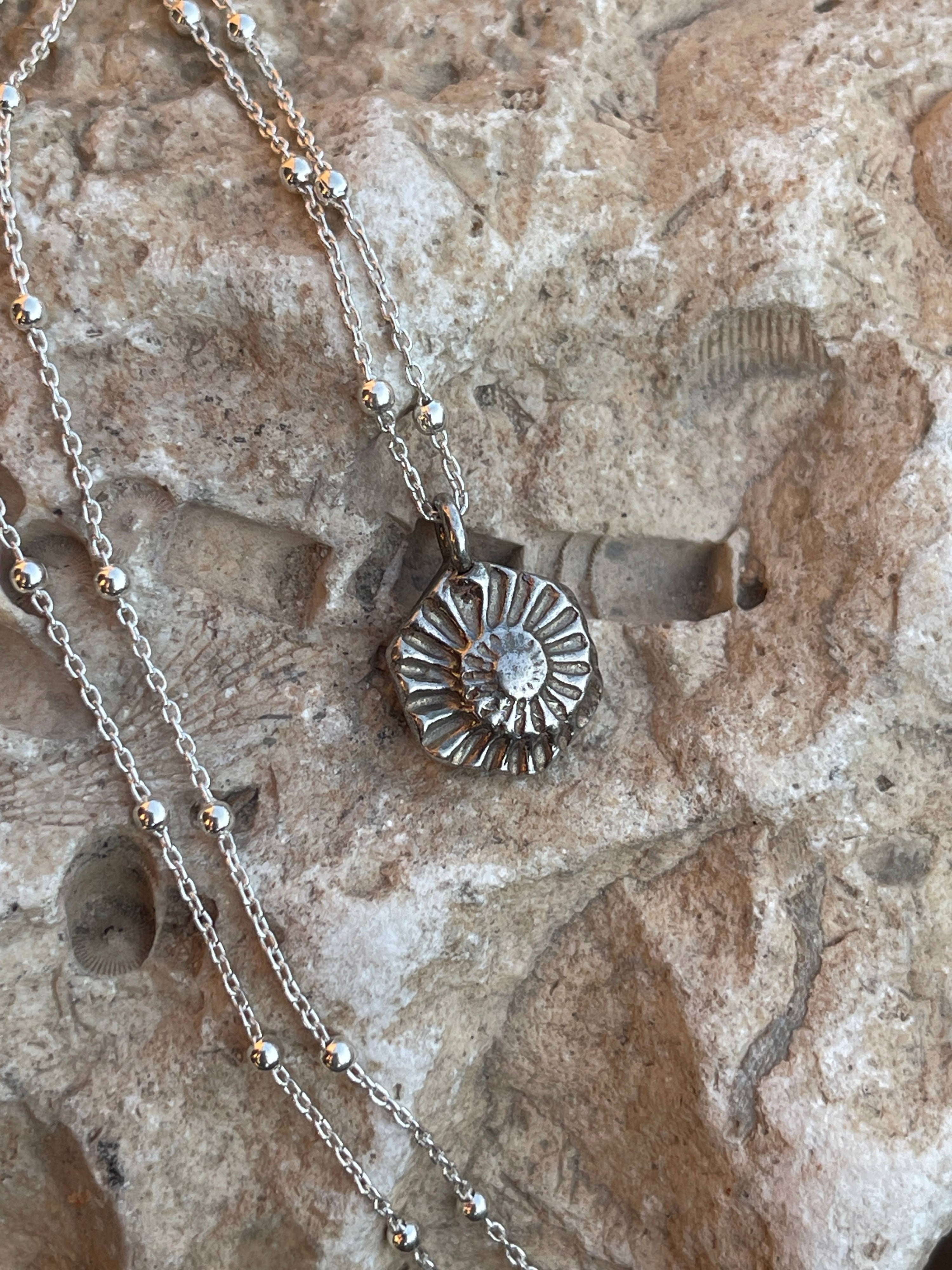 Ammonite Fossil Hexagonal Necklace -18” Chain, Sterling Silver