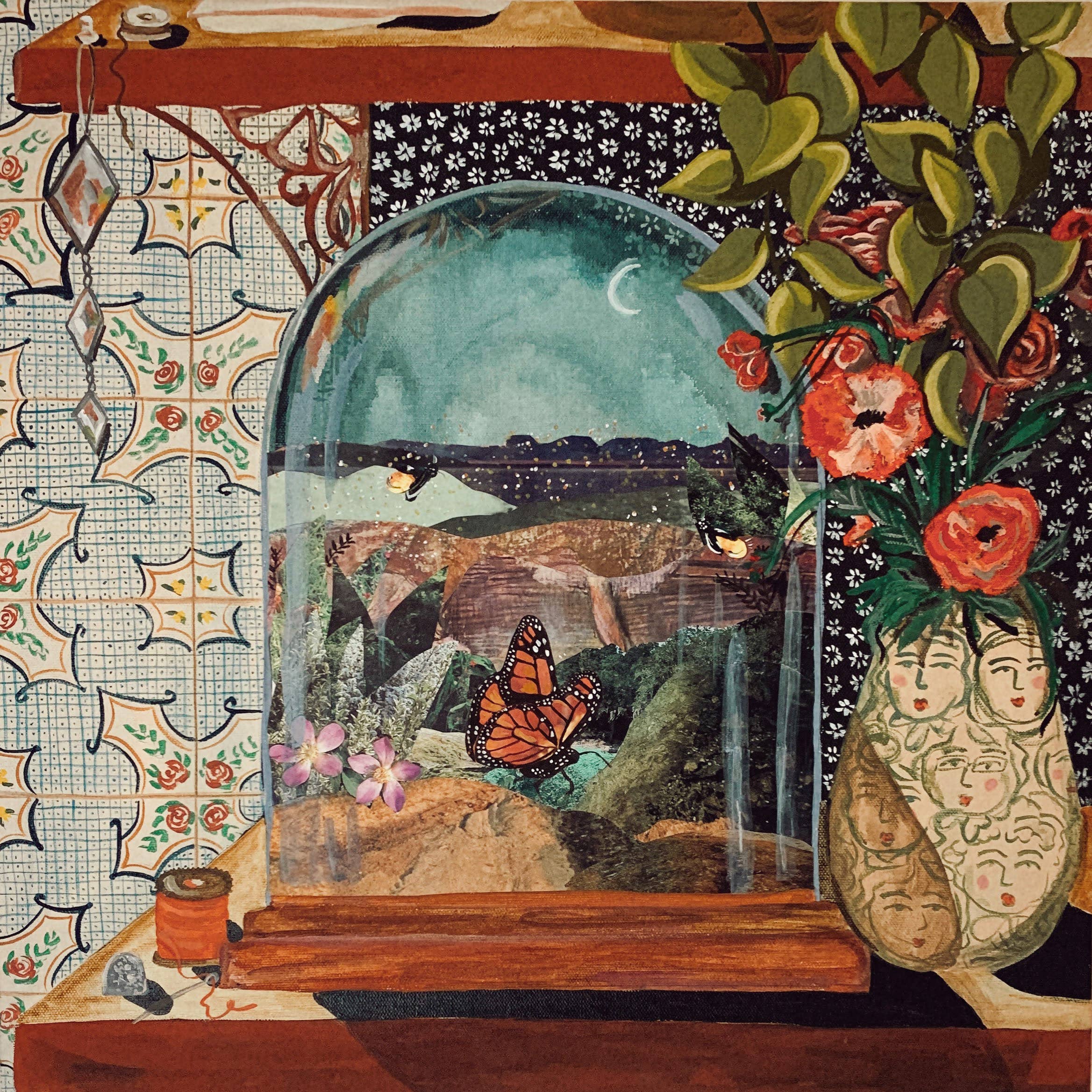 Butterfly Art Print, Quilt Art, Cloche, still life, moody