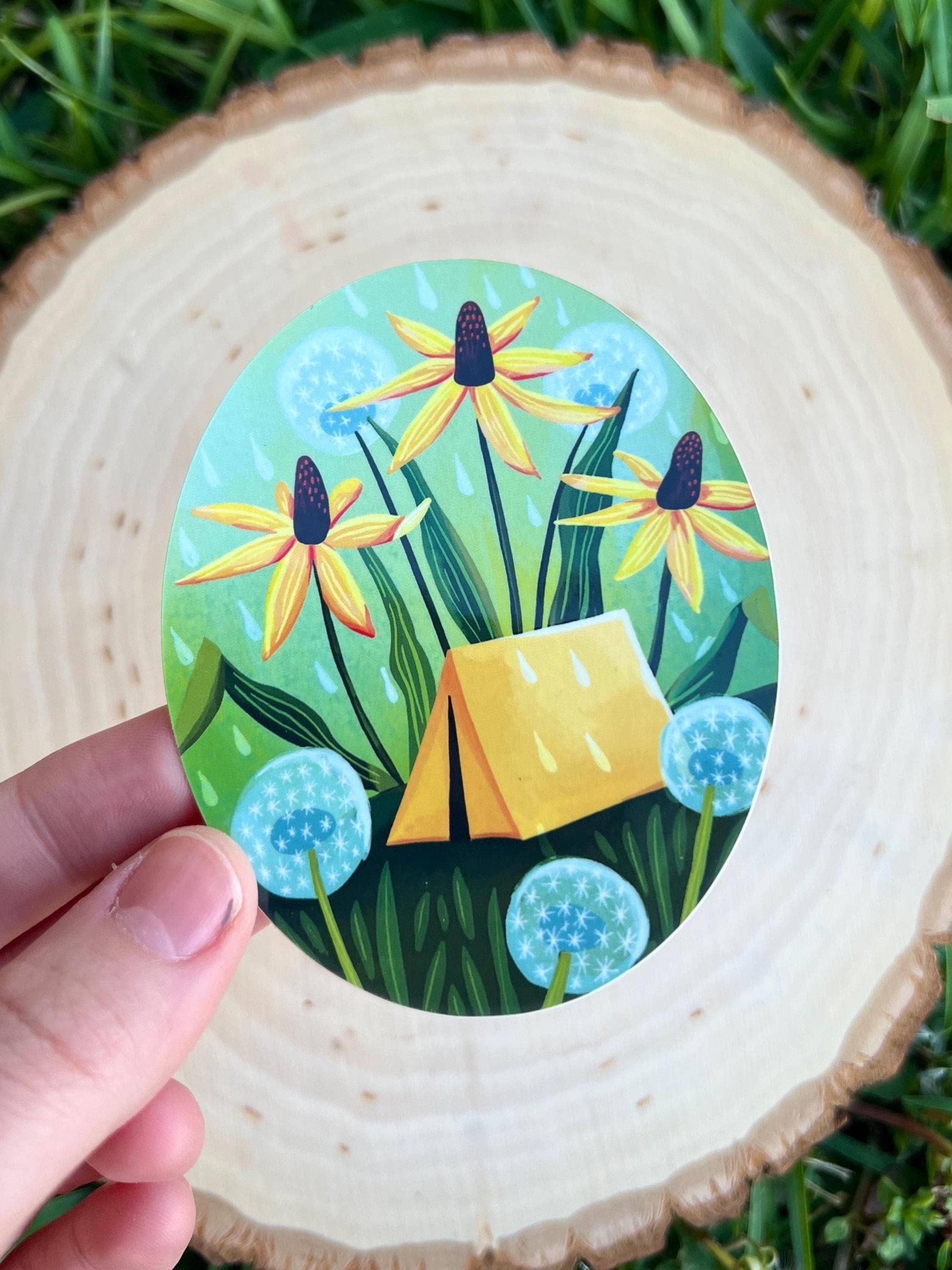 Yellow Tent Camping with Flowers Sticker, Vinyl Decal