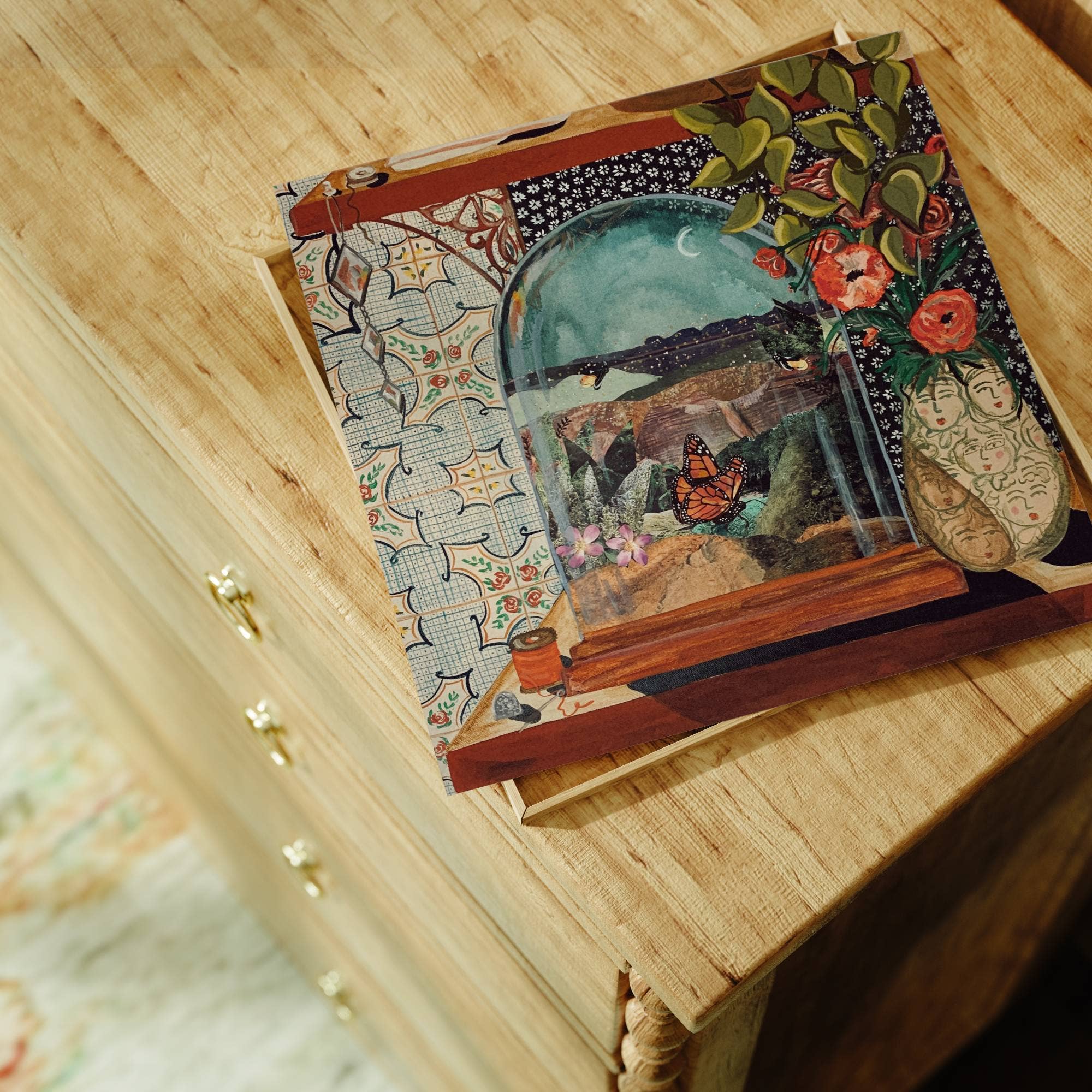 Butterfly Art Print, Quilt Art, Cloche, still life, moody