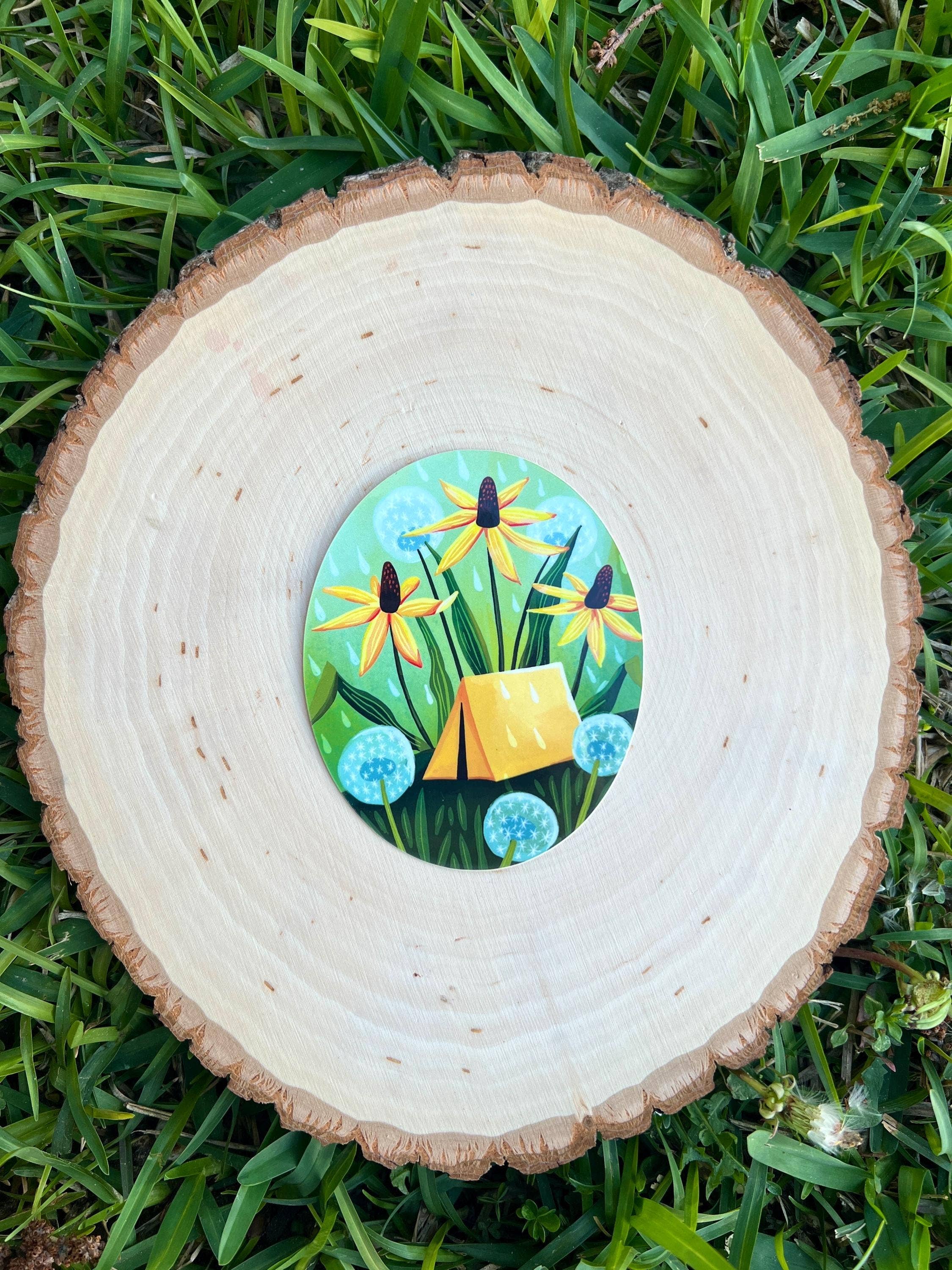 Yellow Tent Camping with Flowers Sticker, Vinyl Decal