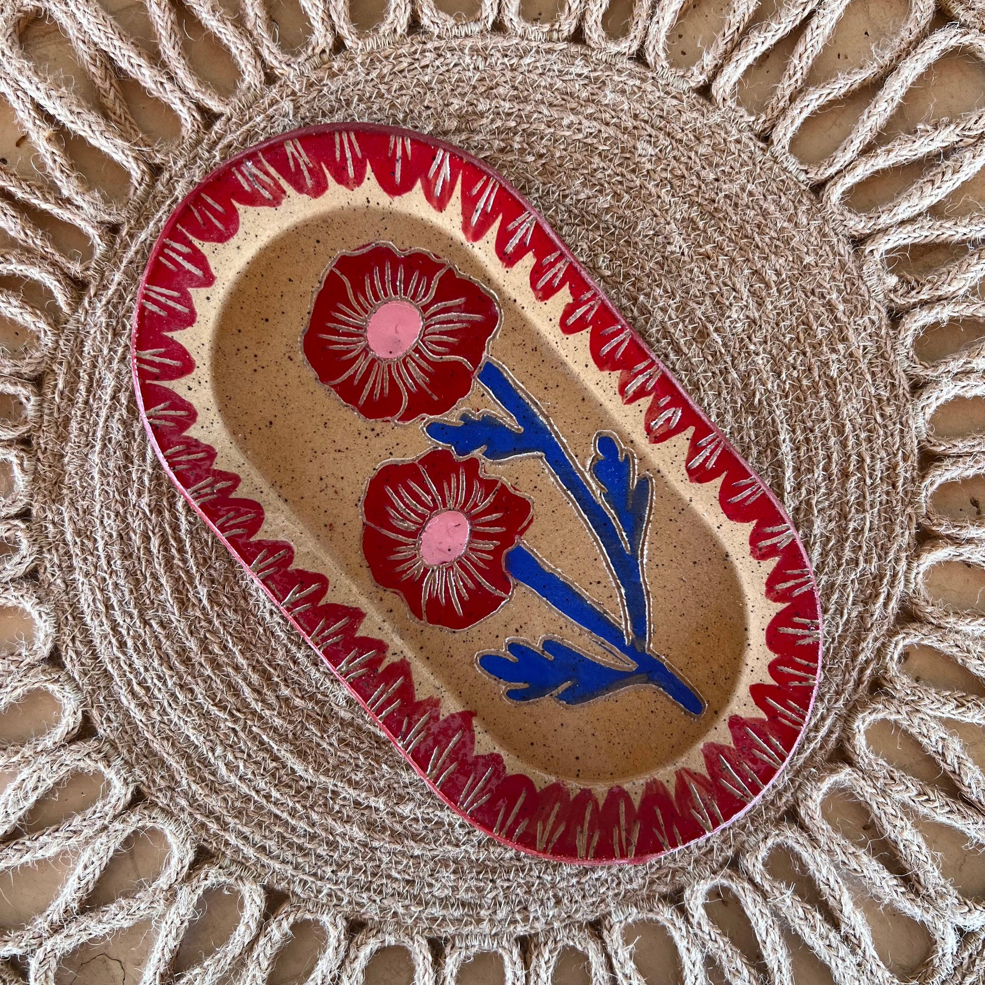 Red & Blue Blossom Sgraffito Dish